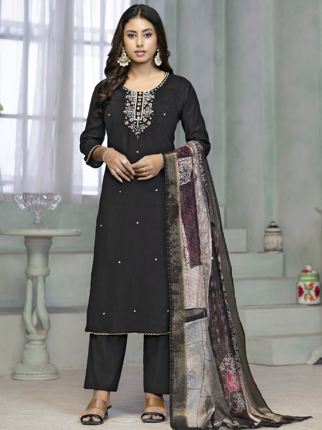 Elegant Black Designer Ready-Made Pant Suit with Printed Embroidery Work - Formal Office Wear & Special Occasion Outfit for Women