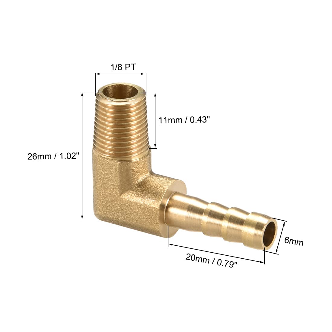 90 Degree Brass Barbed Hose Connector - 6mm Barb x 1/8