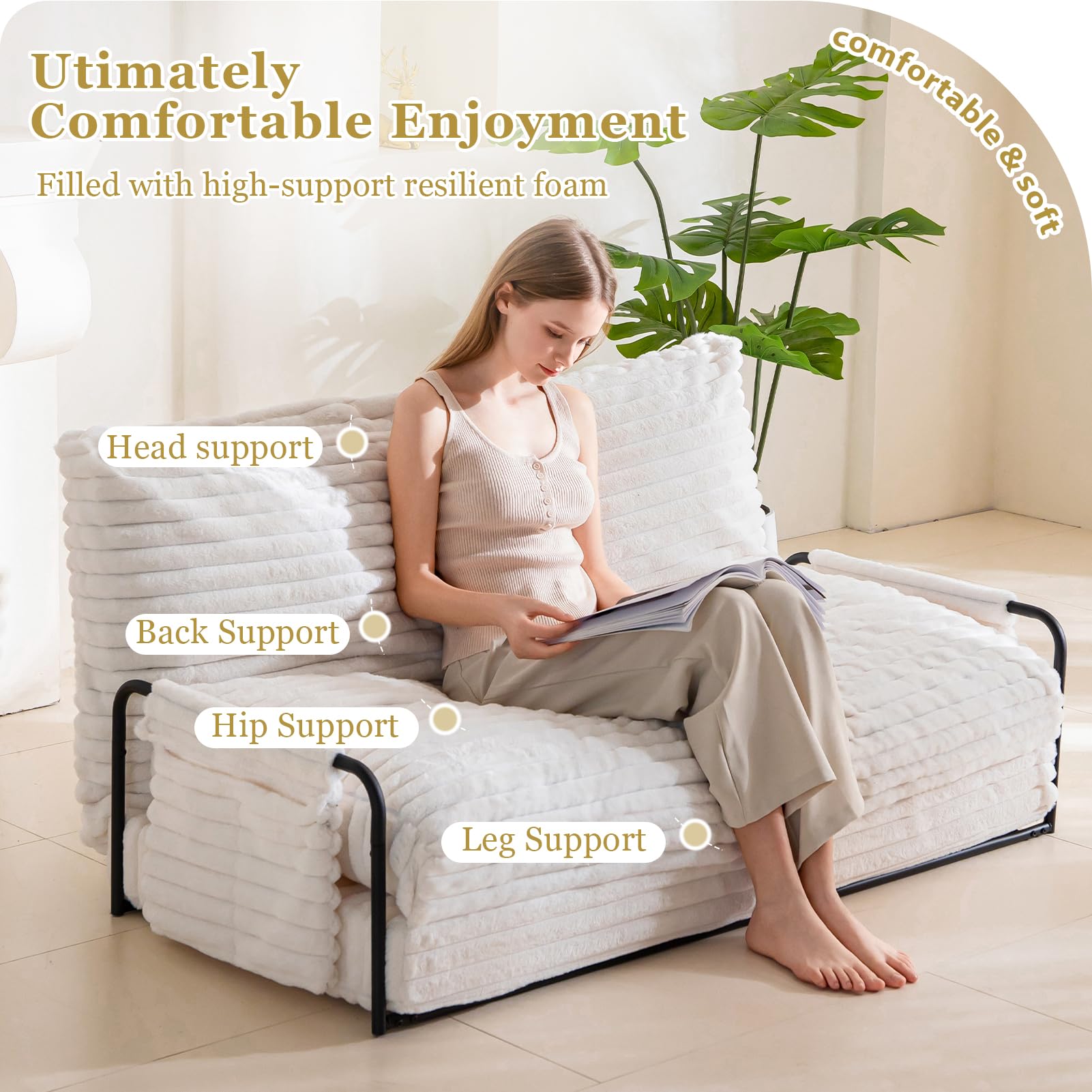 MAXYOYO Adjustable Lazy Floor Sofa - 5-Position Foldable Sleeper Chair with Armrests, Beige | Comfortable Floor Seating for Living Room, Bedroom & Small Spaces