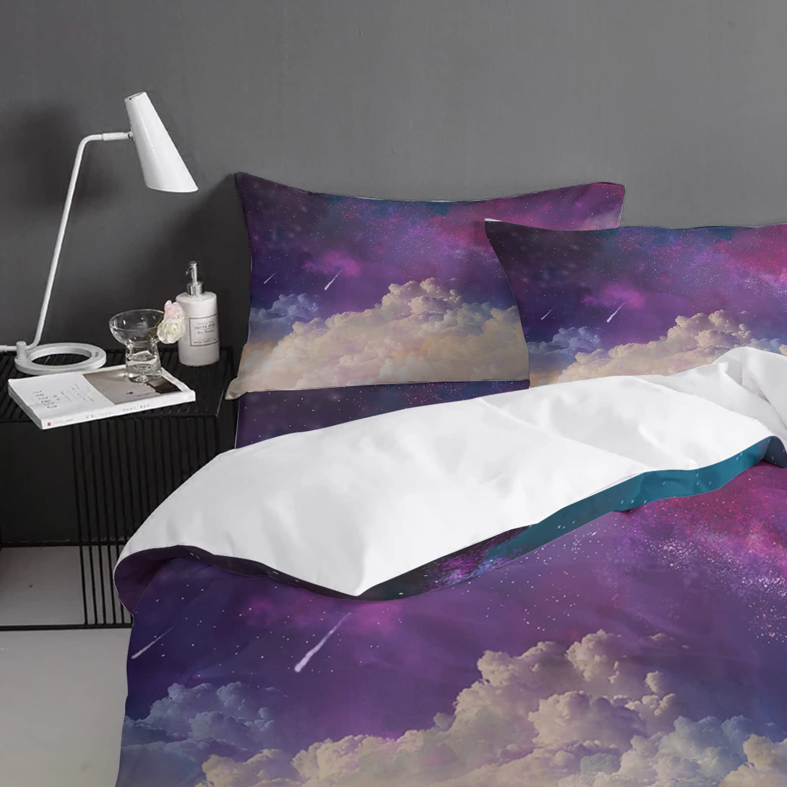 **Cal King Duvet Cover Set - Purple Starry Sky 4-Piece Bedding, Lightweight Microfiber Soft Comforter Cover for Adults & Teens, White Cloud Night Sky Design - Perfect for Cozy Bedrooms & Guest Rooms**