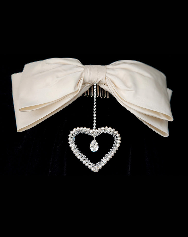 Elegant Bridal Silk Bow Headpiece with Crystal & Pearl Heart Charm - Perfect for Weddings, Bridal Showers & Formal Events | Kezani