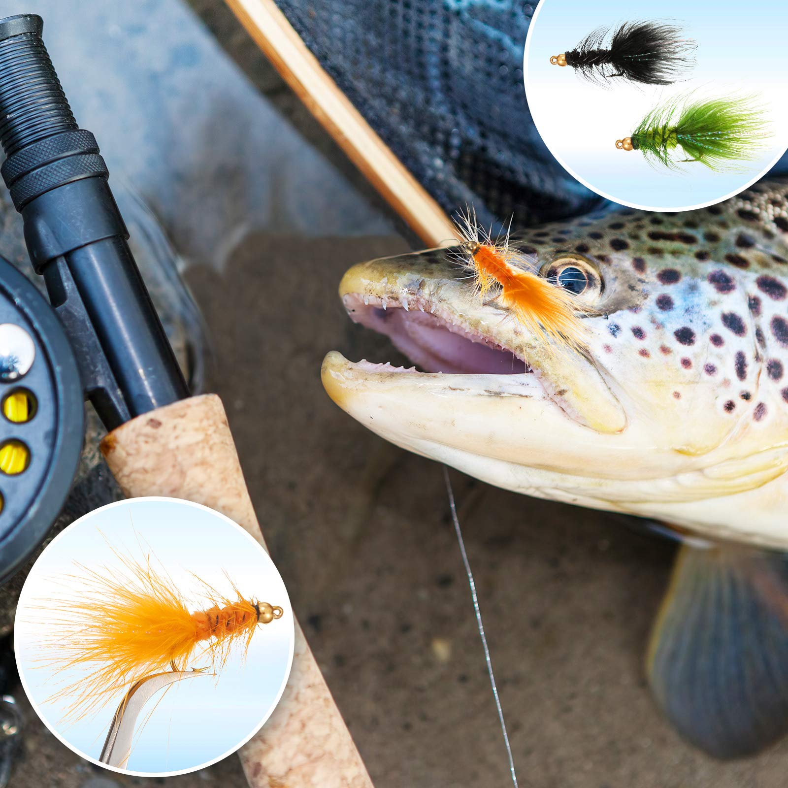 24-Piece Woolly Bugger Streamer Fly Fishing Flies Assortment - Nymph Trout Flies with Fly Box (Green, Black, Orange) - Perfect for Freshwater Trout Fishing & Fly Fishing Enthusiasts