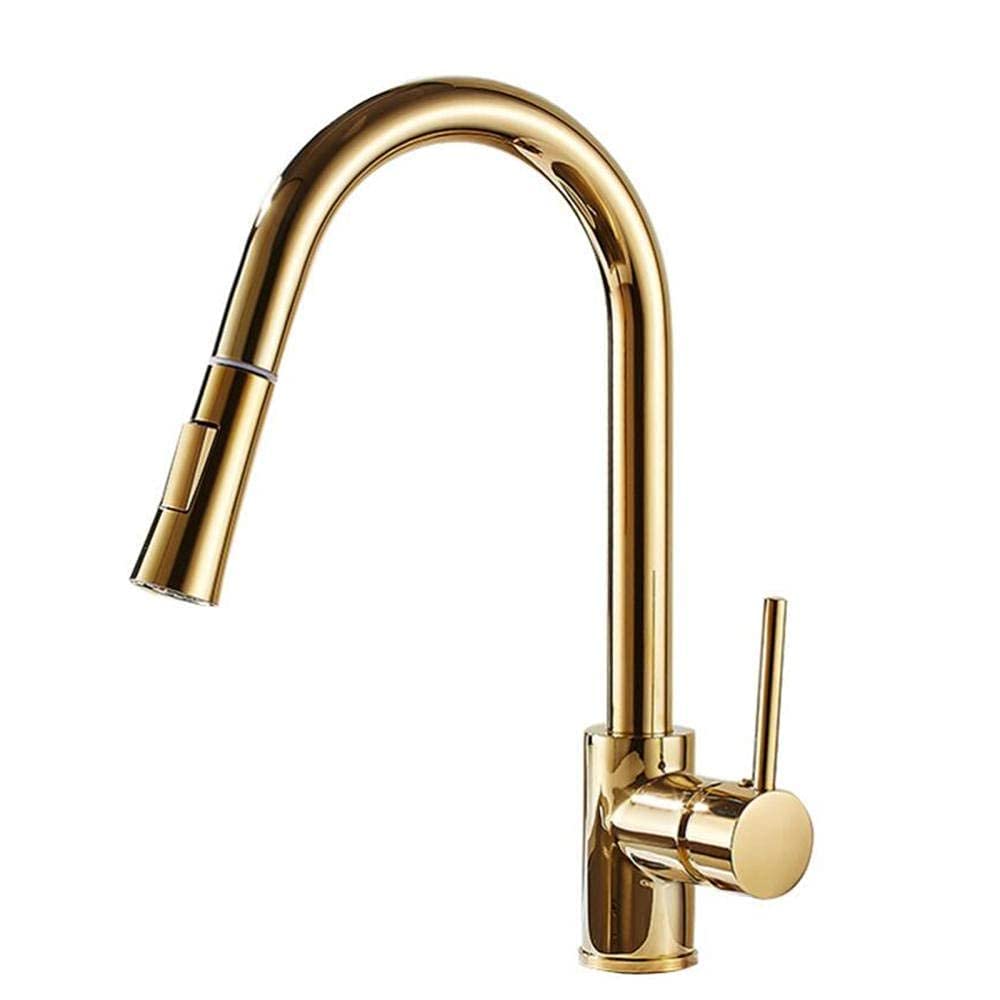 Gold Pull Down Kitchen Faucet with Sprayer - 360° Rotating Brass Single Hole Faucet for Hot & Cold Water - Perfect for Modern Kitchens & Food Prep Areas