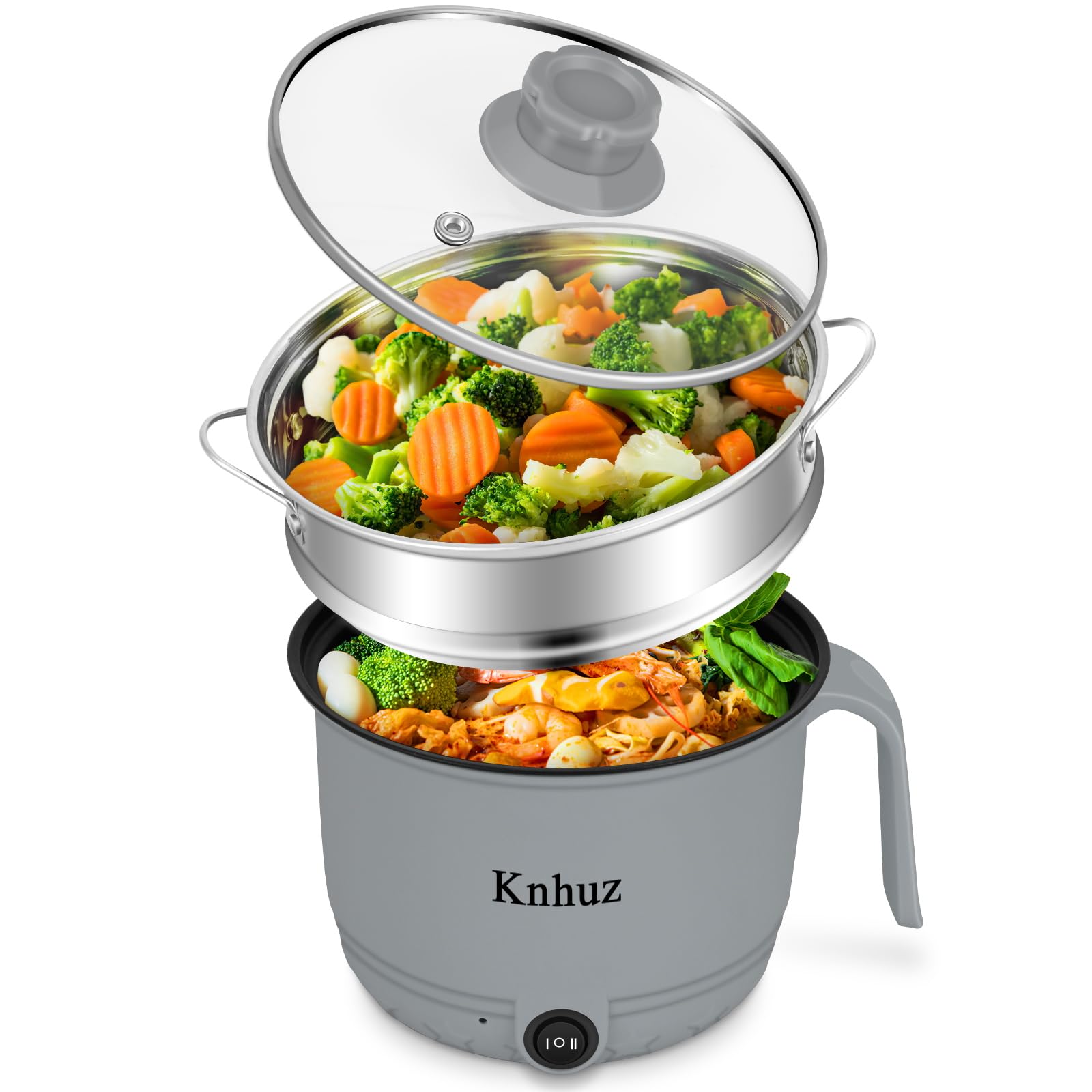 1.8L Electric Hot Pot with Steamer - Portable Mini Self-Heating Cooker for Noodles, Ramen, Pasta, Steak & Shabu Shabu | Non-Stick Gray Pot for Dorm, Office & Travel | Fast Cooking & Easy Clean