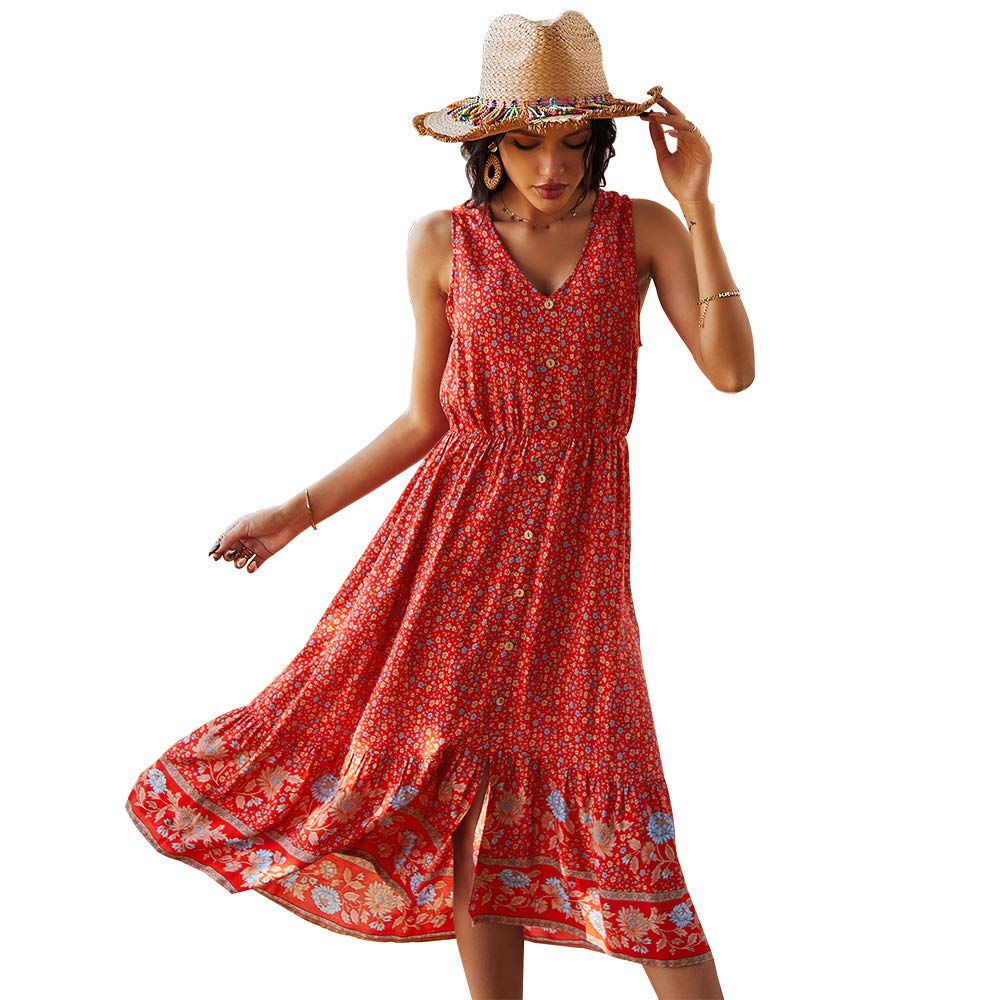 COCOPLAZA Women's Summer Beach Dress - Bohemian Floral Print Sleeveless Wrap Dress with Buttons | Casual Vacation, Poolside, Resort Wear