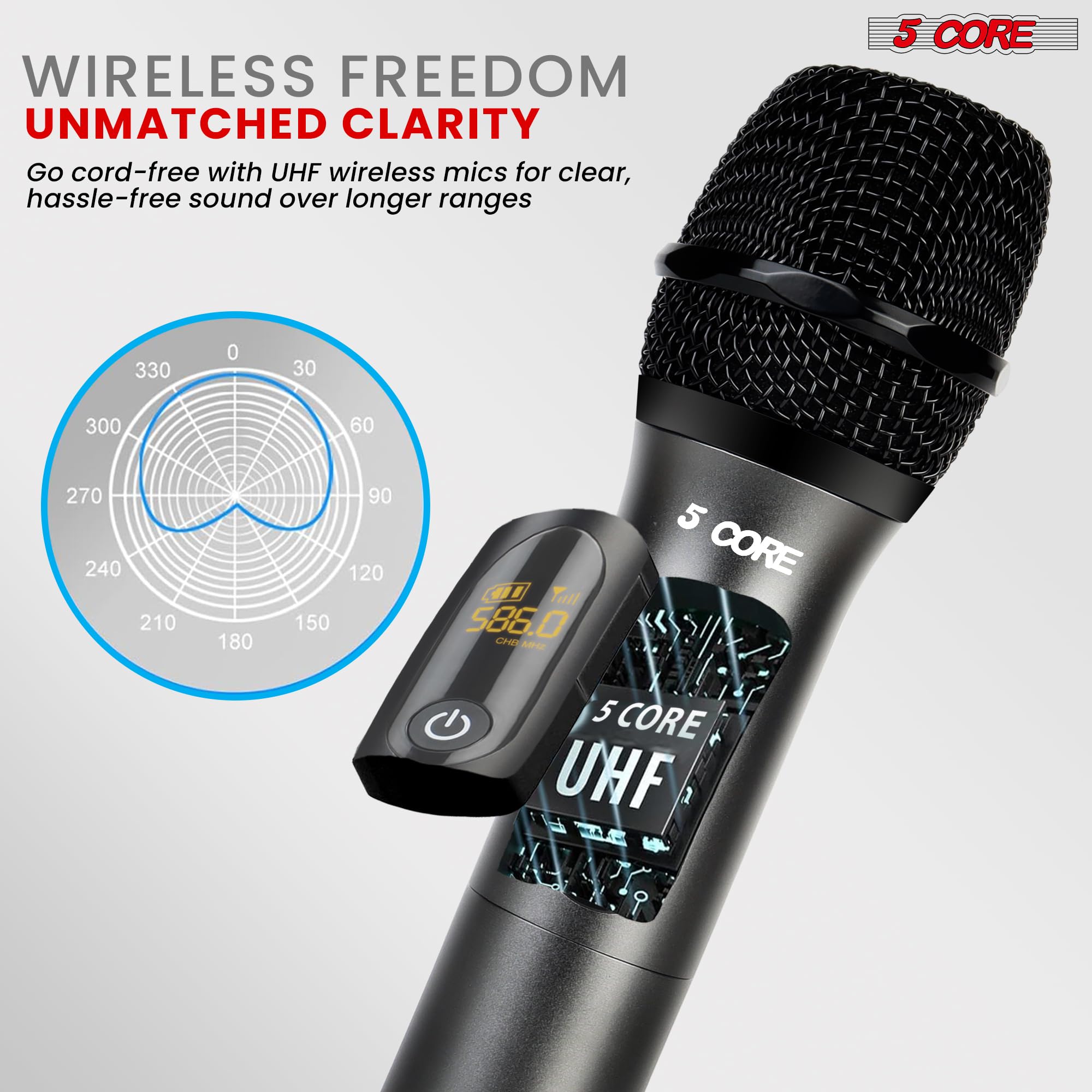 5-Core UHF Wireless Microphone System - 210ft Range, Dual Cardioid Handheld Mics with Mini Receiver | Rechargeable Cordless Karaoke Mic for Singing, Parties & Live Performances (WM UHF 02, Gray)