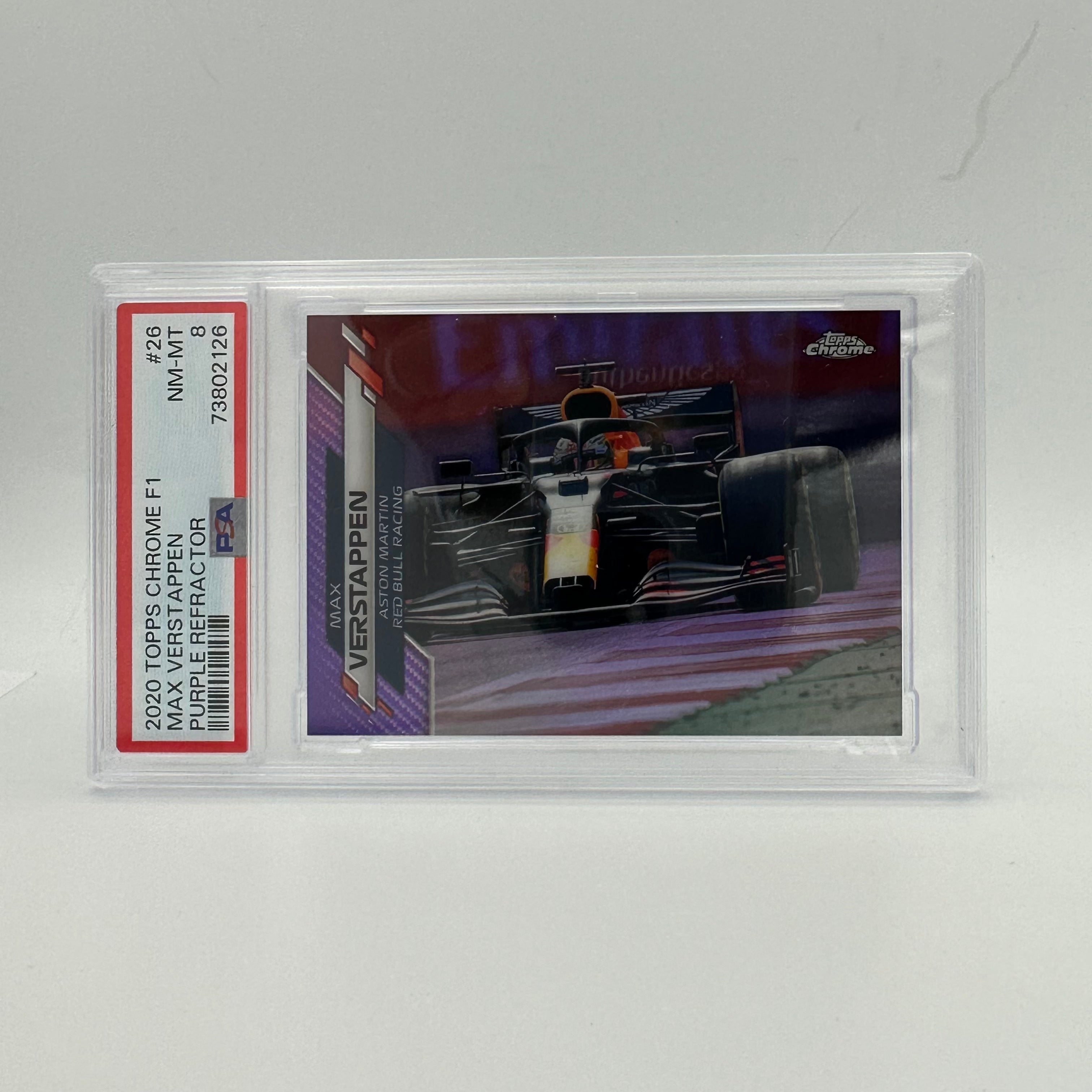 PSA 8 Graded 2018 Topps Chrome Formula 1 Max Verstappen #26 Purple Refractor Rookie Card - Perfect for F1 Collectors & Racing Memorabilia Displays