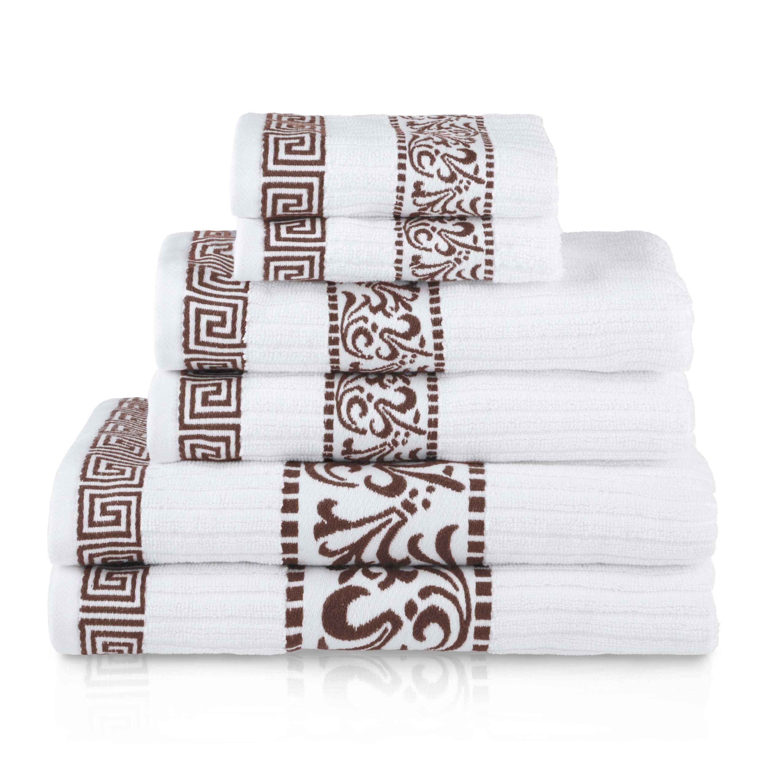 Athens Cotton Greek Scroll and Floral 6-Piece Bath Towel Set - Soft & Absorbent for Bathroom, Spa, and Beach Use