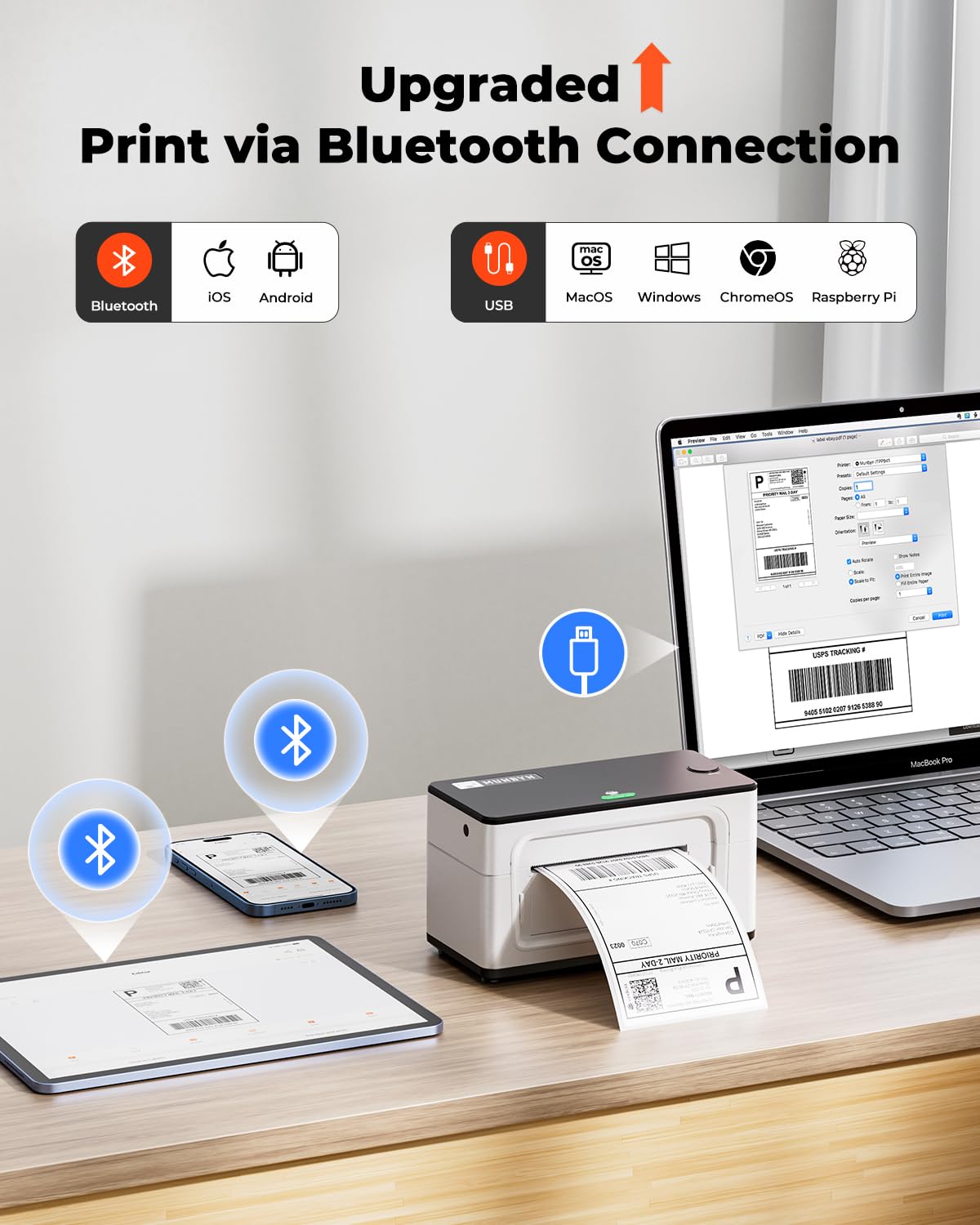 MUNBYN 941B Wireless Bluetooth Thermal Label Printer - 300DPI 4x6 Shipping Label Printer for Small Business | Compatible with Windows, Mac, iOS, Android | Works with Amazon, eBay, Shopify, Etsy, USPS | Perfect for Home Office & E-commerce Shipping (White)