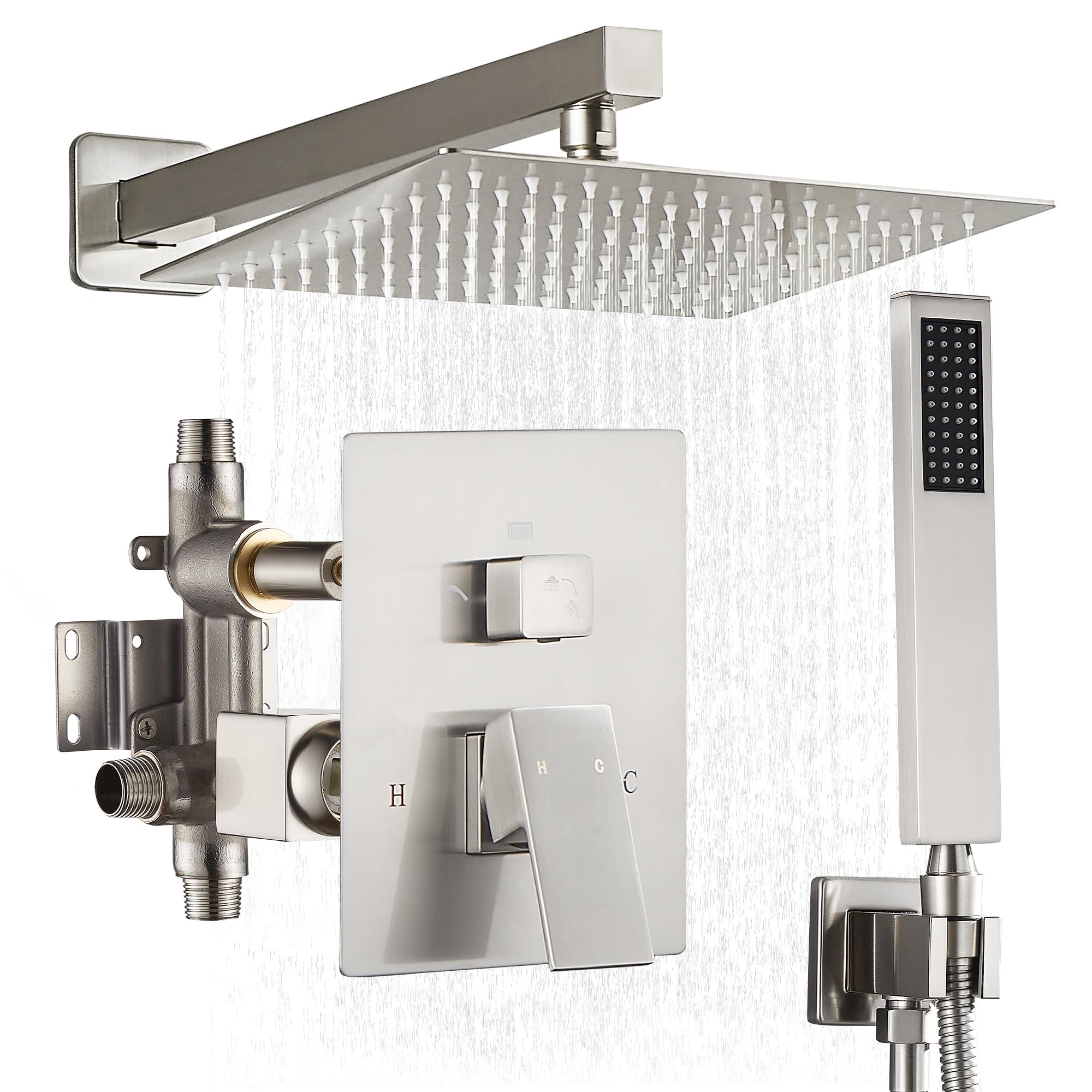 Fransiton 10 Inch Brushed Nickel Wall Mount Rain Shower System Set with Handheld Shower Head - Complete Bathroom Shower Kit (Includes Valve) for Luxurious Spa-Like Experience at Home