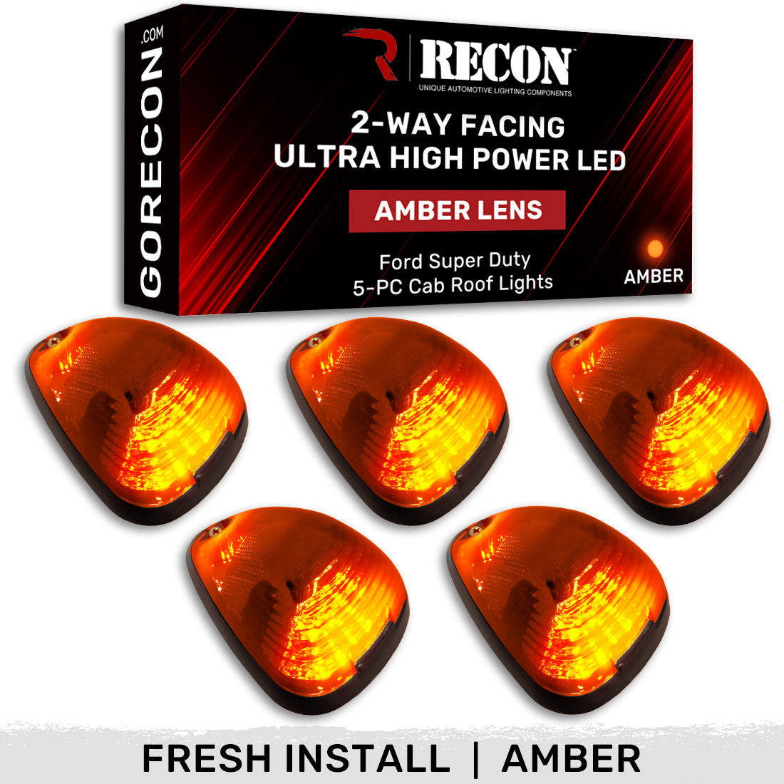 Ford Super Duty 1999-2016 5-Piece Amber Cab Roof Light Kit - Front & Rear Facing Ultra High Power LED Lights (For Models Without Factory Cab Lights) - Durable Amber Lens - Perfect for Off-Roading, Truck Customization & Emergency Vehicles