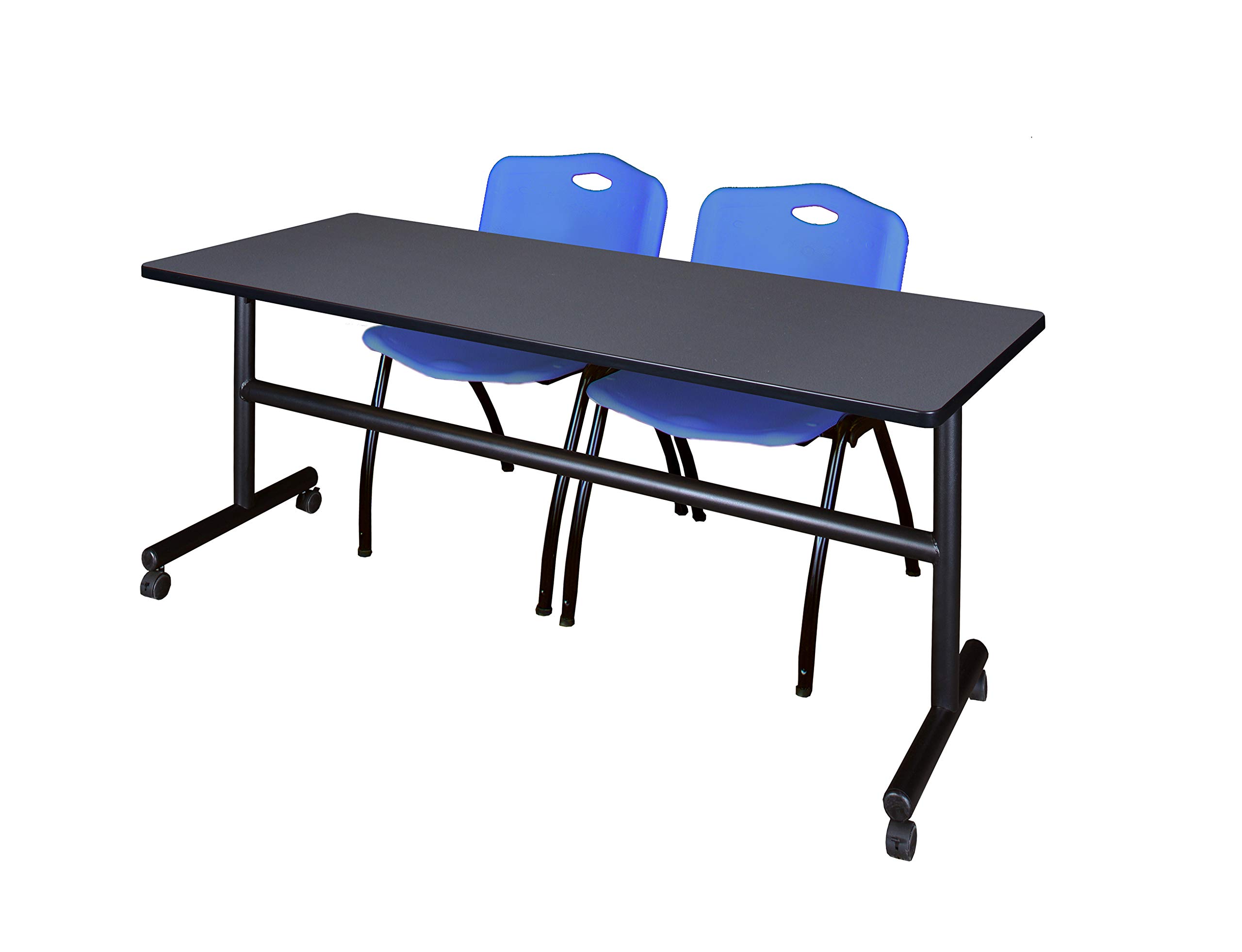 Kobe 72 Inch Flip Top Mobile Training Table with 2 Stackable Chairs - Grey & Blue - Foldable Conference Table for Office, Classroom, or Home Gym Use