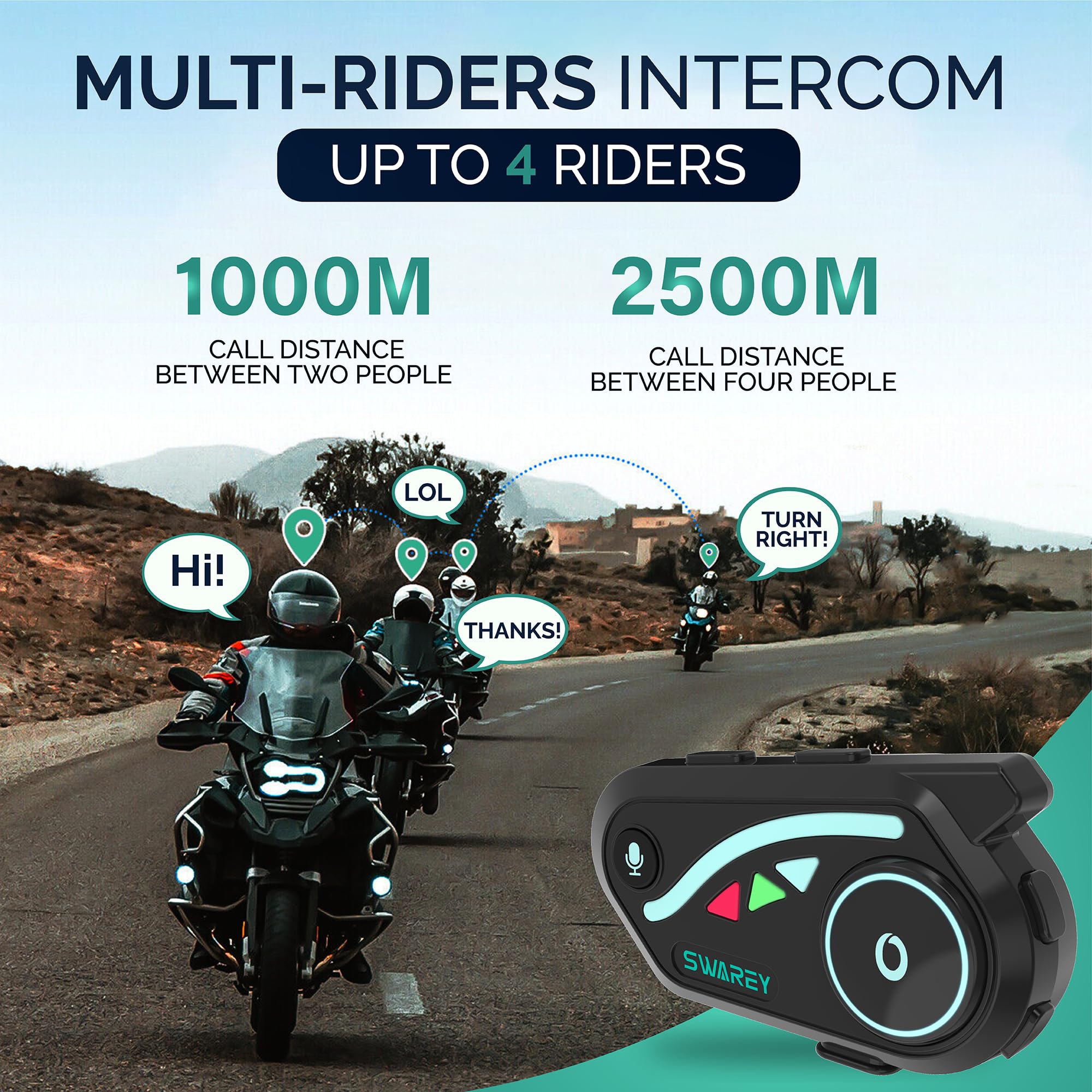 V8 Motorcycle Bluetooth Headset - Helmet Intercom with FM Radio, Music Sharing & Noise Cancelling DSP/CVC HiFi Stereo - 1000M to 2000M Range - Perfect for Group Riding, Commuting & Adventure Tours (Single Pack, 4X)