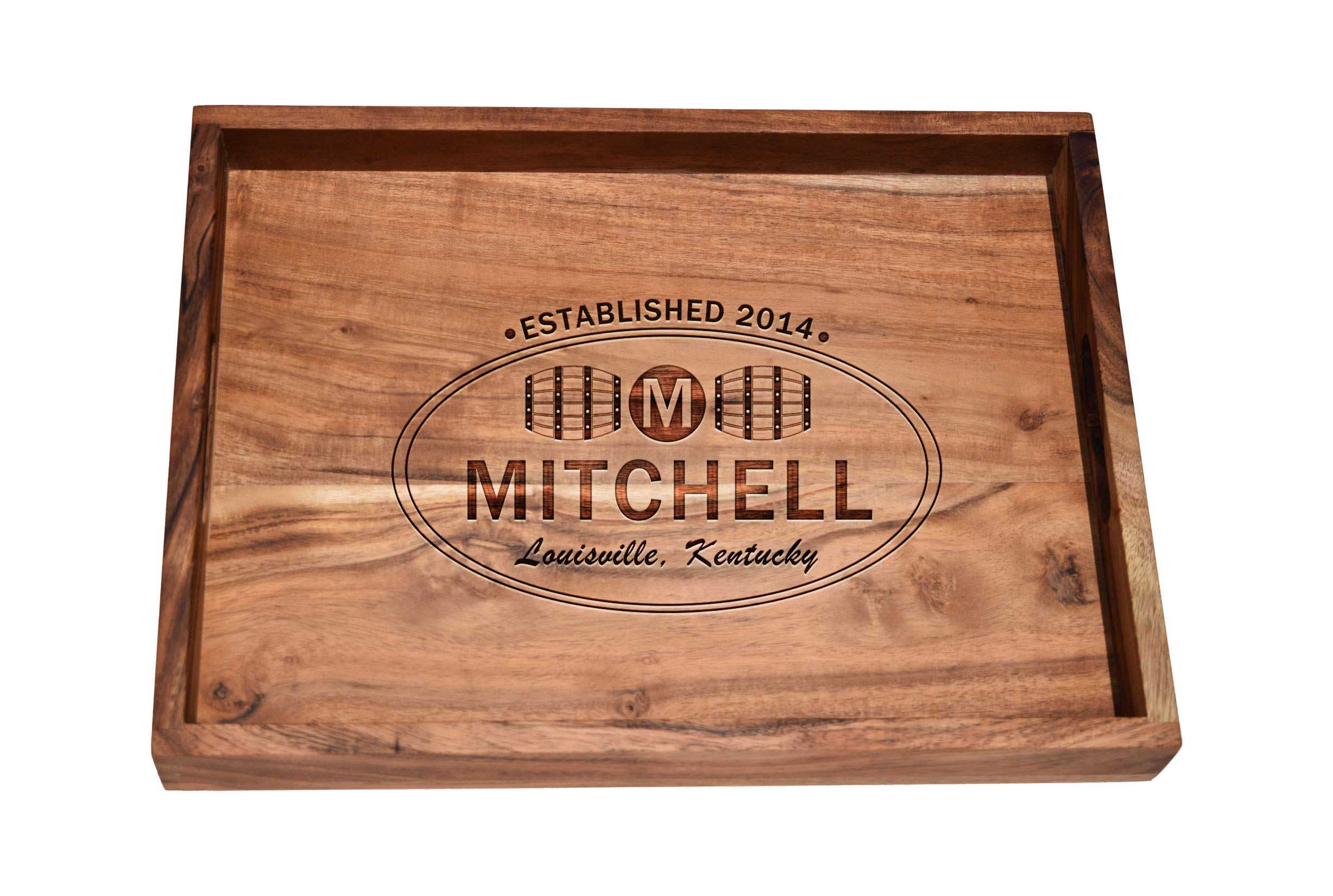 Personalized Whiskey Barrel Bar Tray - Custom Wood Drink Serving Tray with Engraved Design | Unique Home Bar Accessory & Housewarming Gift for Bourbon/Whiskey Lovers | Perfect for Entertaining, Man Cave Decor or Whiskey Tasting Parties