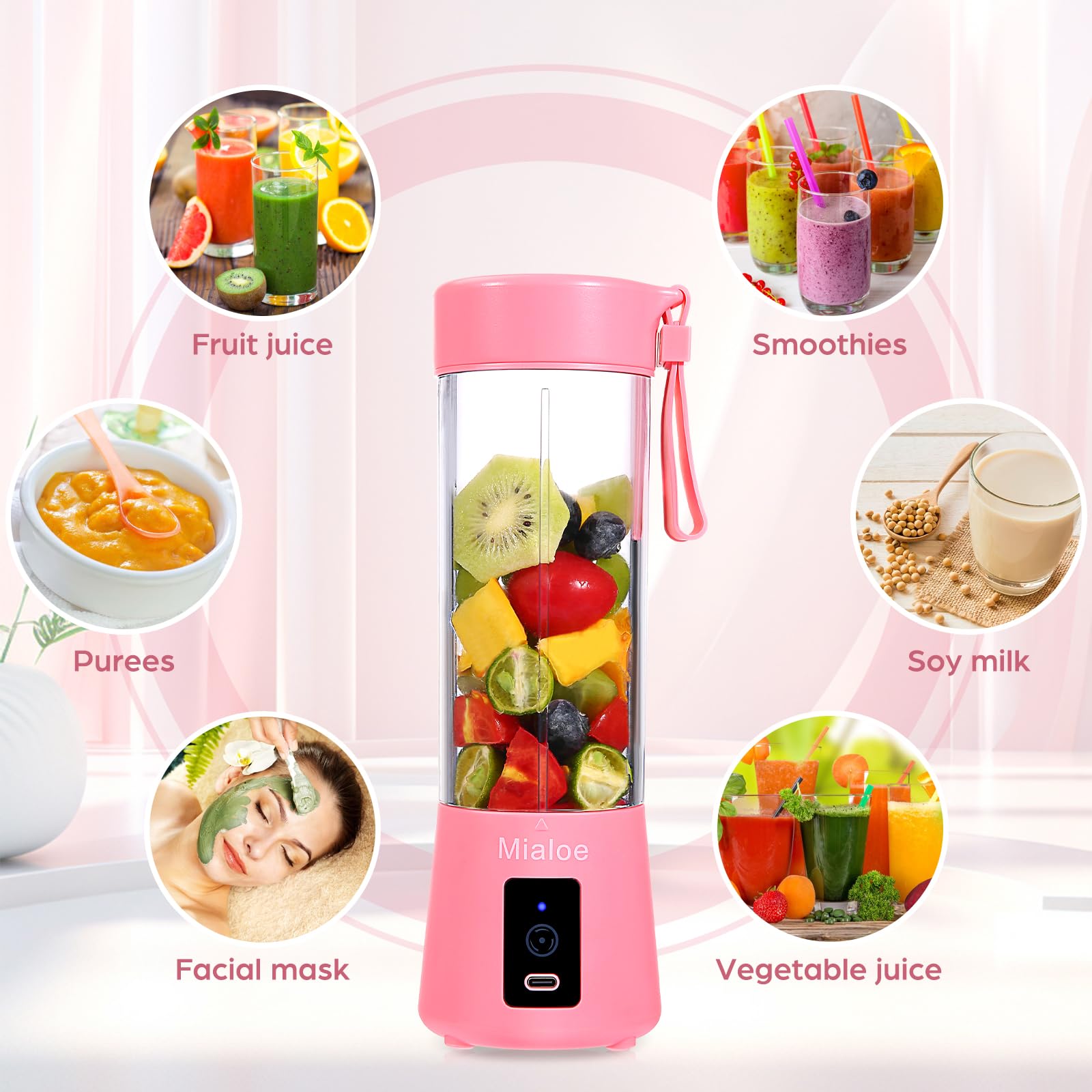 Portable USB Blender - 14 oz Personal Smoothie Maker, Electric Juicer Cup for Fruits, Baby Food & Shakes with Magnetic Secure Switch (Pink) | Perfect for Gym, Office & Travel