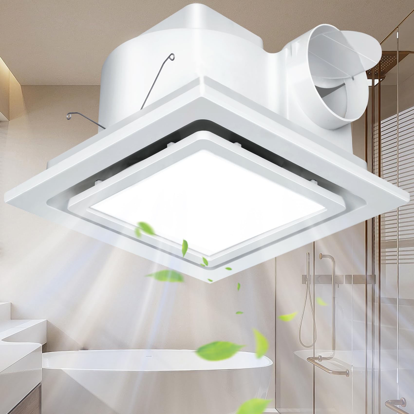 12 Inch Bathroom Exhaust Fan with LED Light - 12W 6000K Bright White, 141CFM Ventilation, 1.0 Sones Ultra Quiet - Perfect for Home, Office & Hotel Bathrooms (Moisture Control & Air Circulation)
