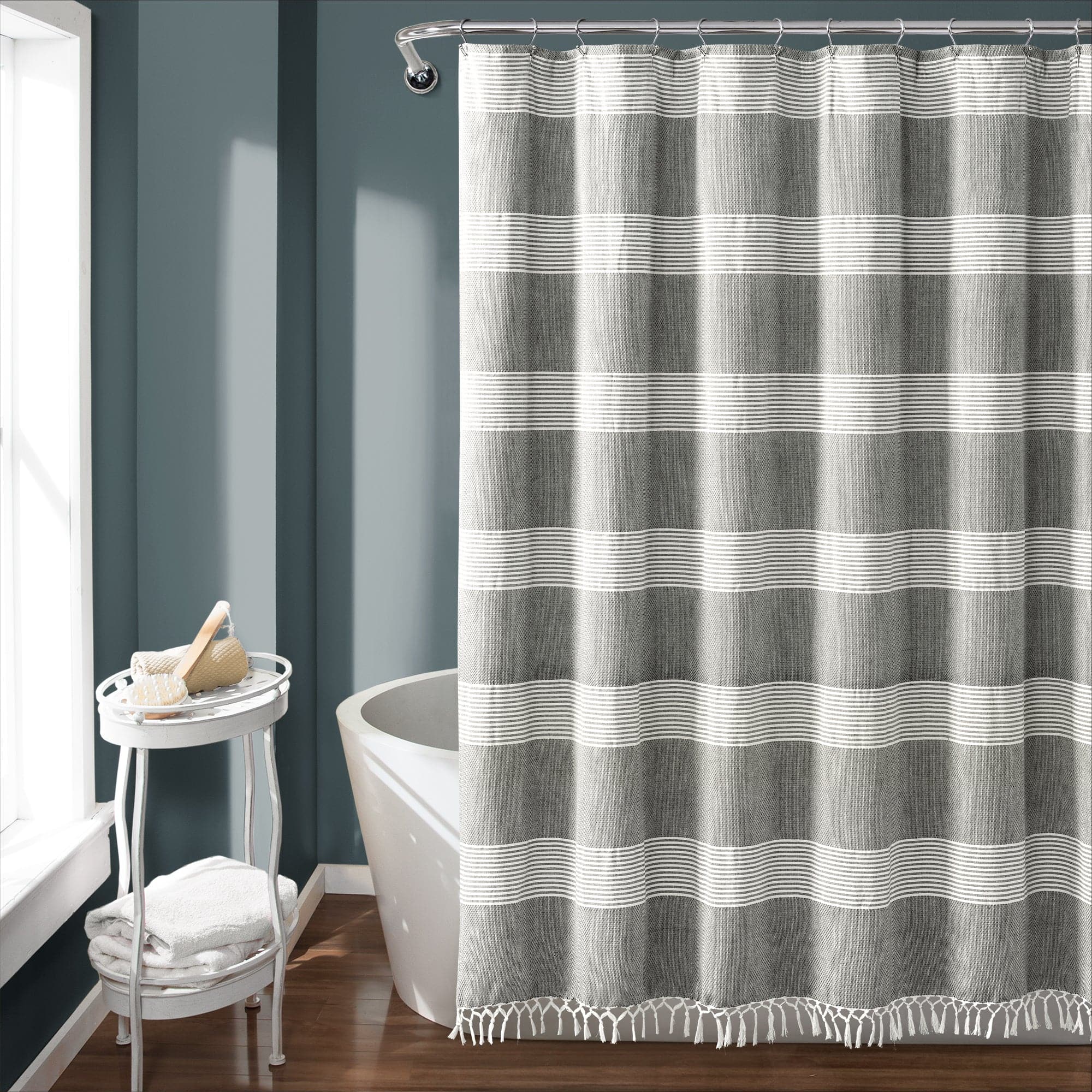 Tucker Stripe Yarn Dyed Knotted Tassel Shower Curtain - Waterproof Bathroom Decor for Modern & Vintage Style Homes