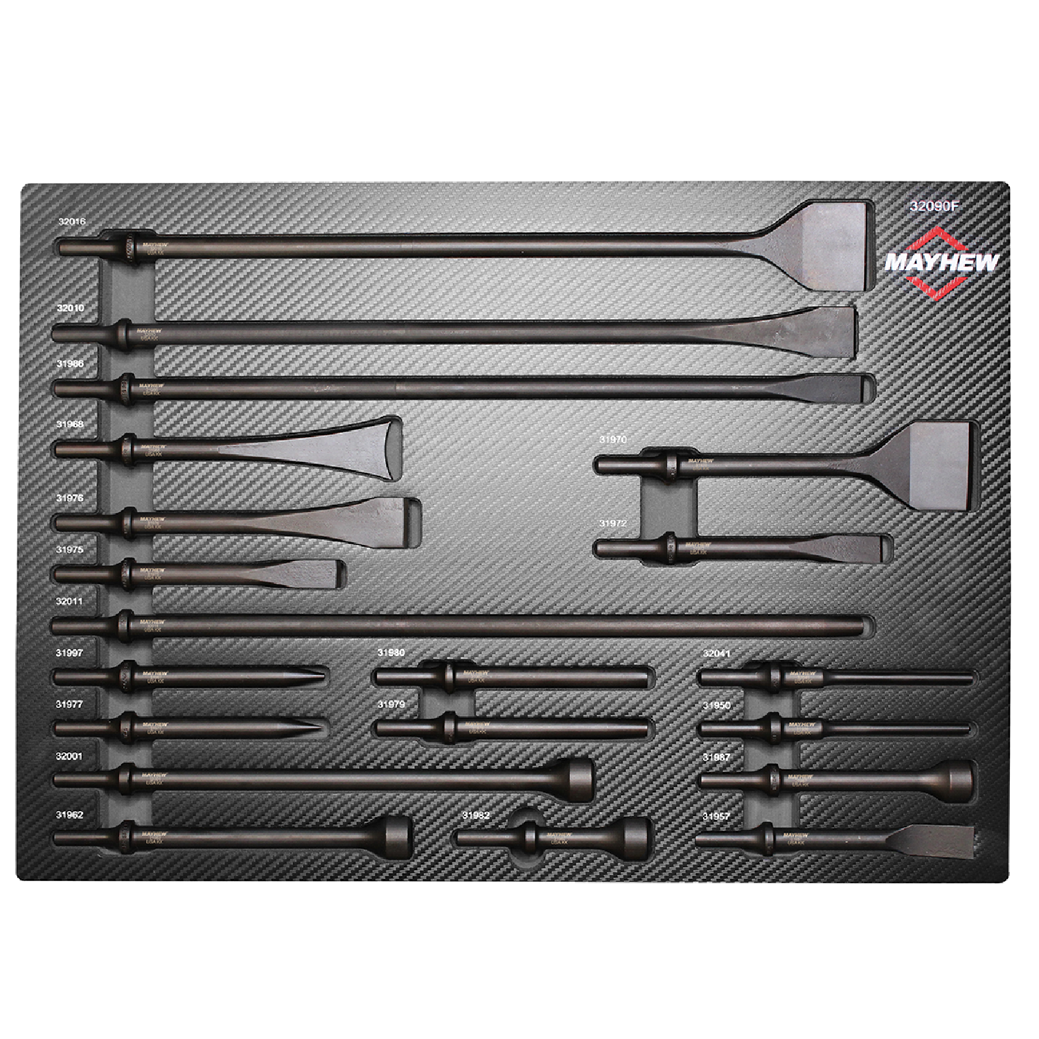 Mayhew 32090F 20-Piece Pneumatic Punch & Chisel Set for Metalworking & Automotive Repair - Heavy Duty Air Tool Kit for Professional Mechanics & DIY Projects