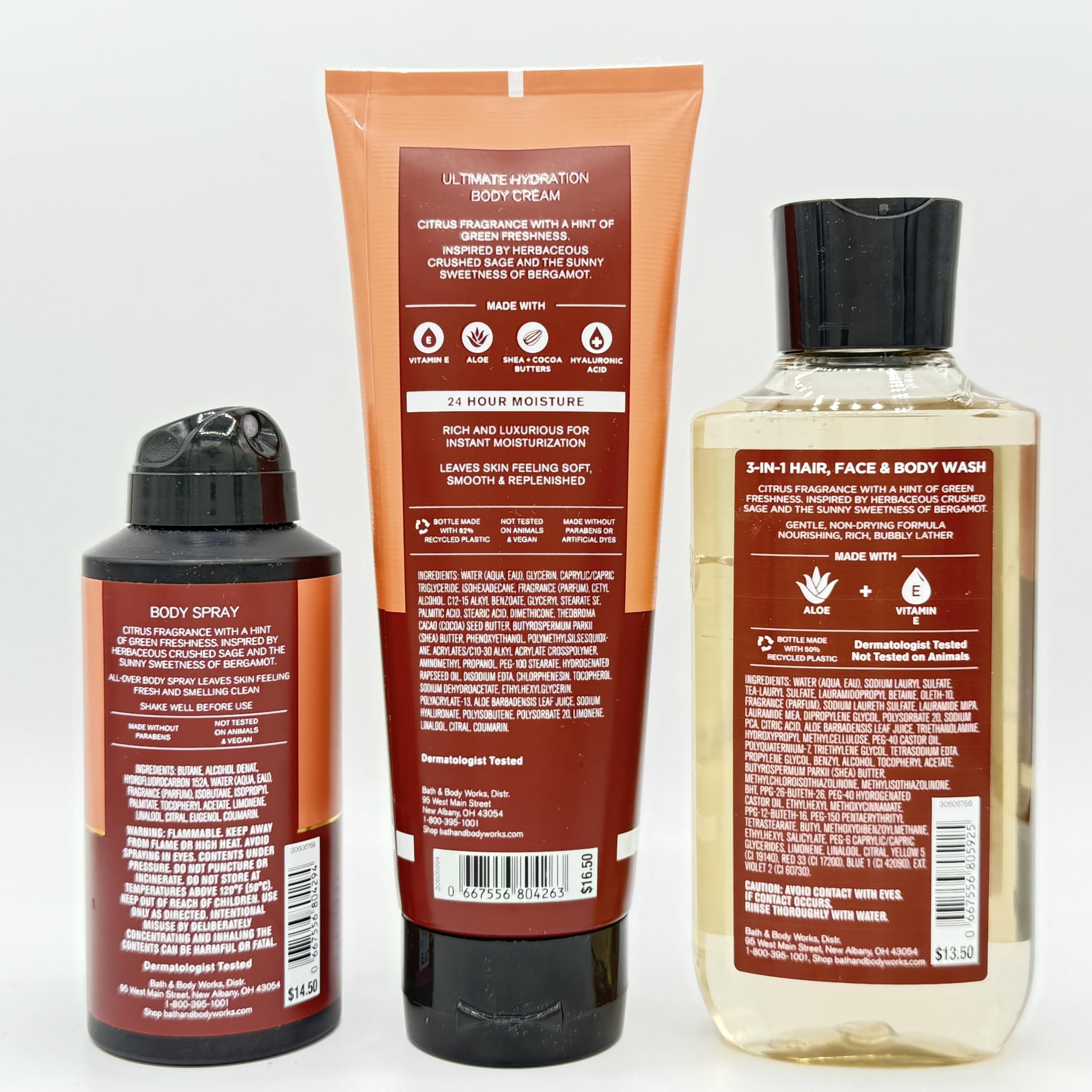 Sage & Bergamot Men's 3-Piece Bath & Body Gift Set - Body Spray, Hydrating Body Cream & Body Wash for Men - Perfect for Gifts, Travel & Daily Skincare Routine