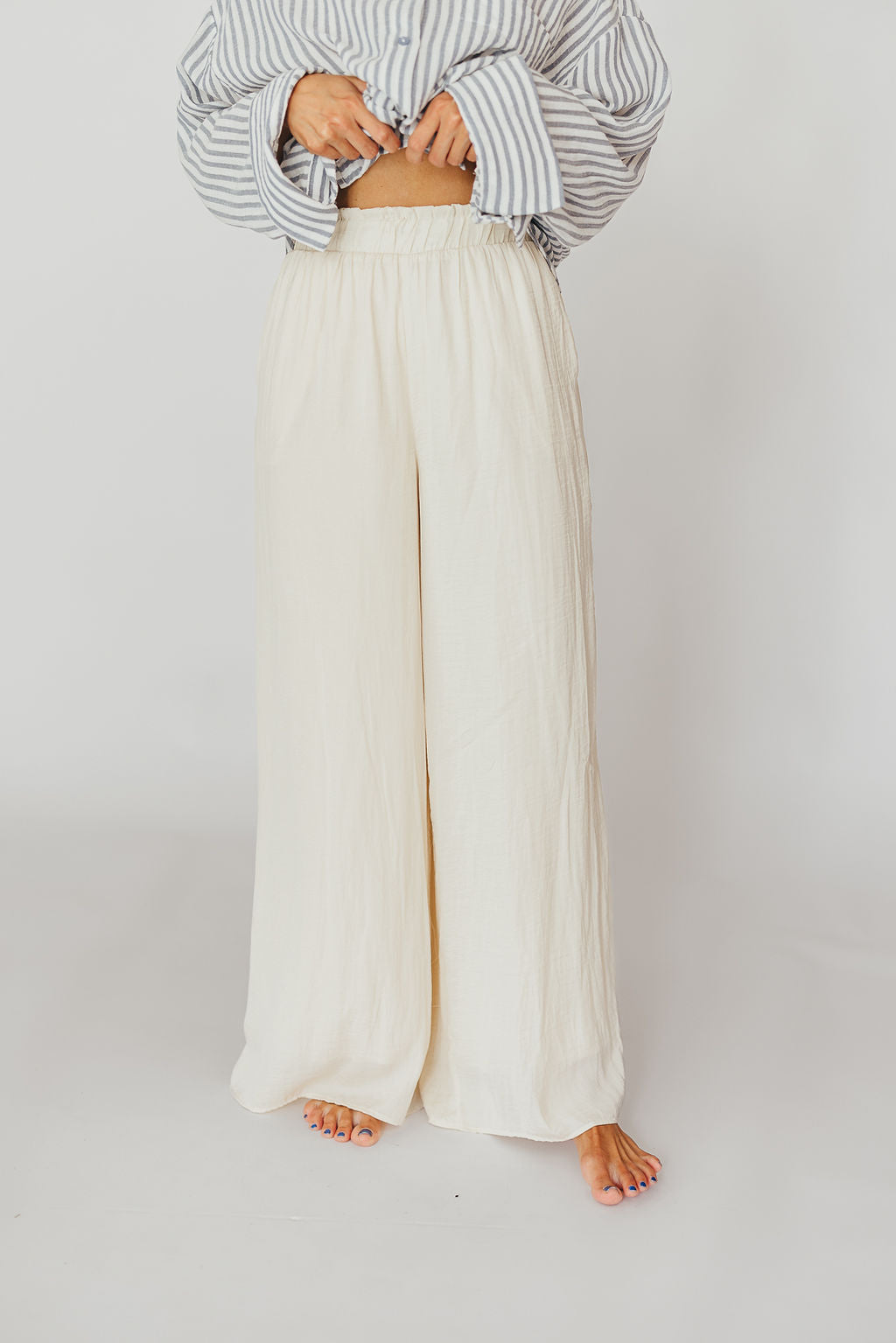 Zahara Women's High Waisted Wide Leg Pants - Soft Linen Blend Ivory Trousers for Work, Office & Casual Wear | Comfortable Elastic Waist Lounge Pants for Summer