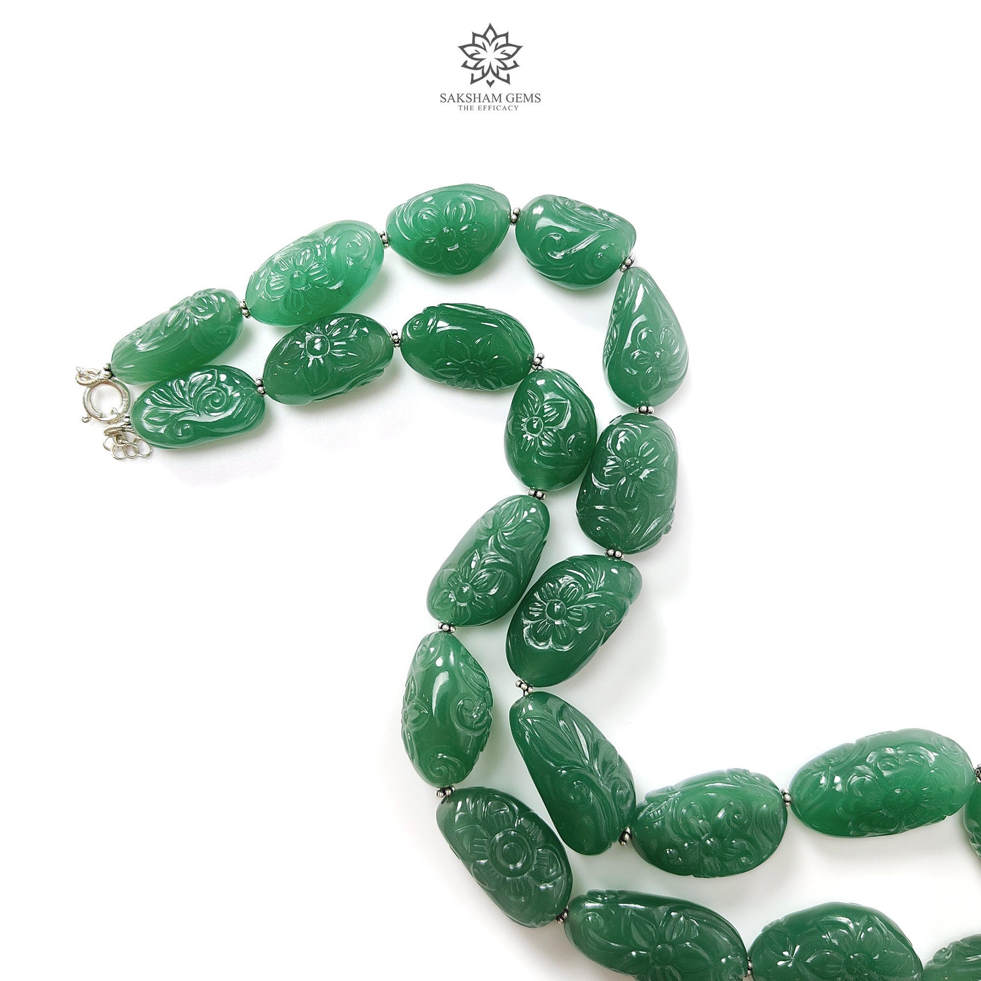 Natural Green Quartz Carving Beads Necklace - 693.60cts Untreated Fancy Hand Carved Gemstone with 925 Sterling Silver (22x13mm & 32x17mm) | Spiritual Jewelry, Boho Chic Accessory, Meditation Gift