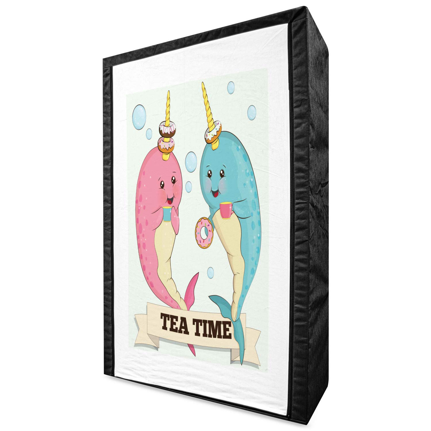 Ambesonne Narwhal Portable Fabric Wardrobe - Tea Drinking Whales Ocean Unicorn Print with Abstract Bubbles | 42.5
