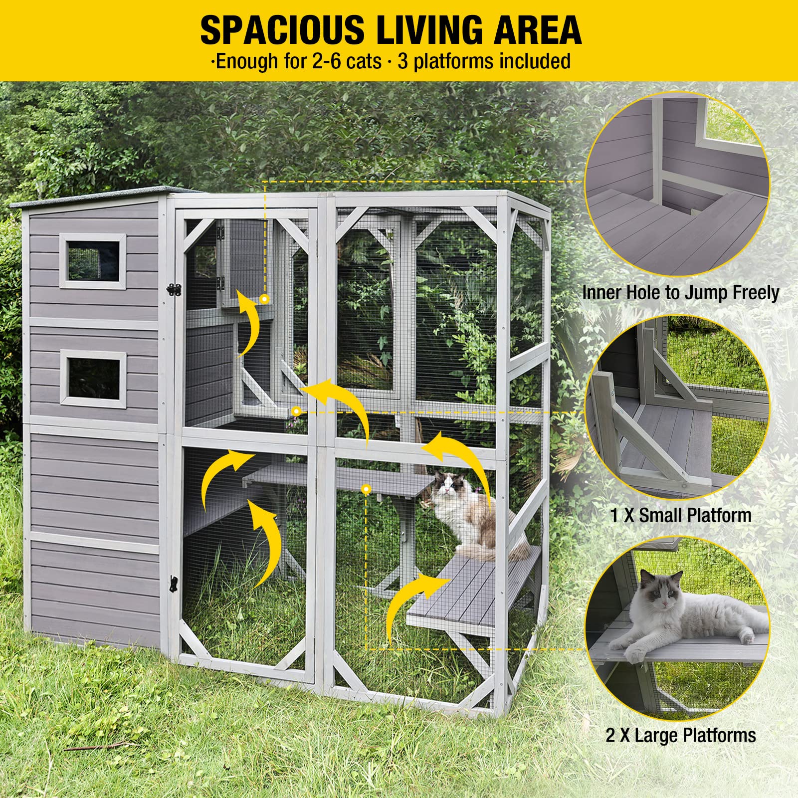 Aivituvin 4-Tier Large Cat Enclosure for Indoor & Outdoor Cats - Weatherproof Roof, 3 Resting Rooms, 3 Platforms, 5 Windows (70