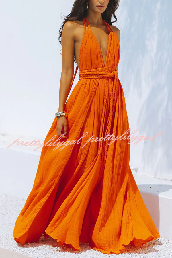 Summer Whispers Linen Blend Maxi Dress - Deep V Neck Halter Backless Cover Up with Draped Braids | Perfect for Beach Vacations, Pool Parties & Summer Weddings