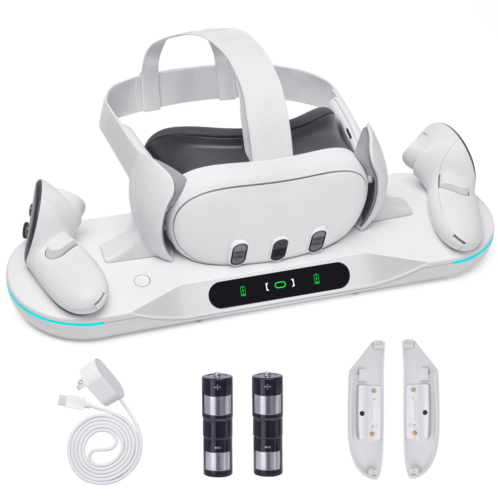 Meta Quest 3 Charging Dock - Auto-Clamping VR Stand with Magnetic Fast Charging for Quest 3 Headset & Controllers | Includes 2 Rechargeable Batteries & LED Indicator | Perfect for Gaming, VR Entertainment & Multi-Device Charging
