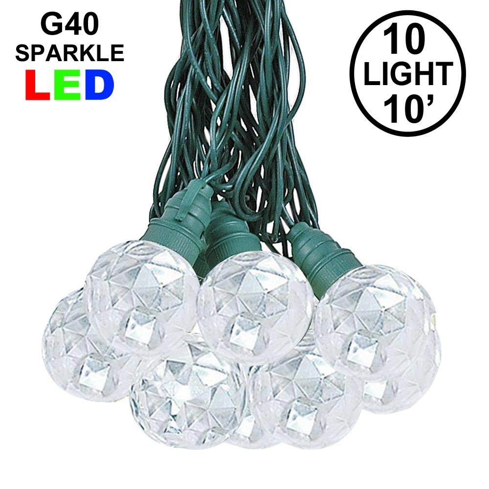 10 Foot LED G40 Sparkle Outdoor Patio String Lights with 10 Pure White Globe Bulbs - Bistro Cafe Hanging Lights - C7/E12 Base - Green Wire - Perfect for Backyard, Garden, Wedding & Party Decor