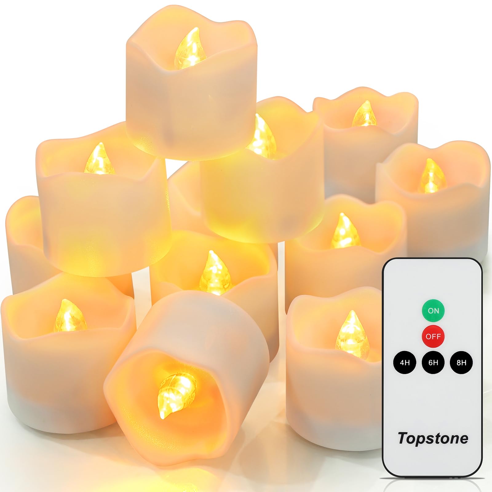 Topstone Flameless LED Tea Light Candles - 12 Pack with Remote Control & Timer, Battery Operated Amber Decorative Candles for Home, Wedding, Christmas, and Festival Decorations - Safe & Realistic Flickering Effect