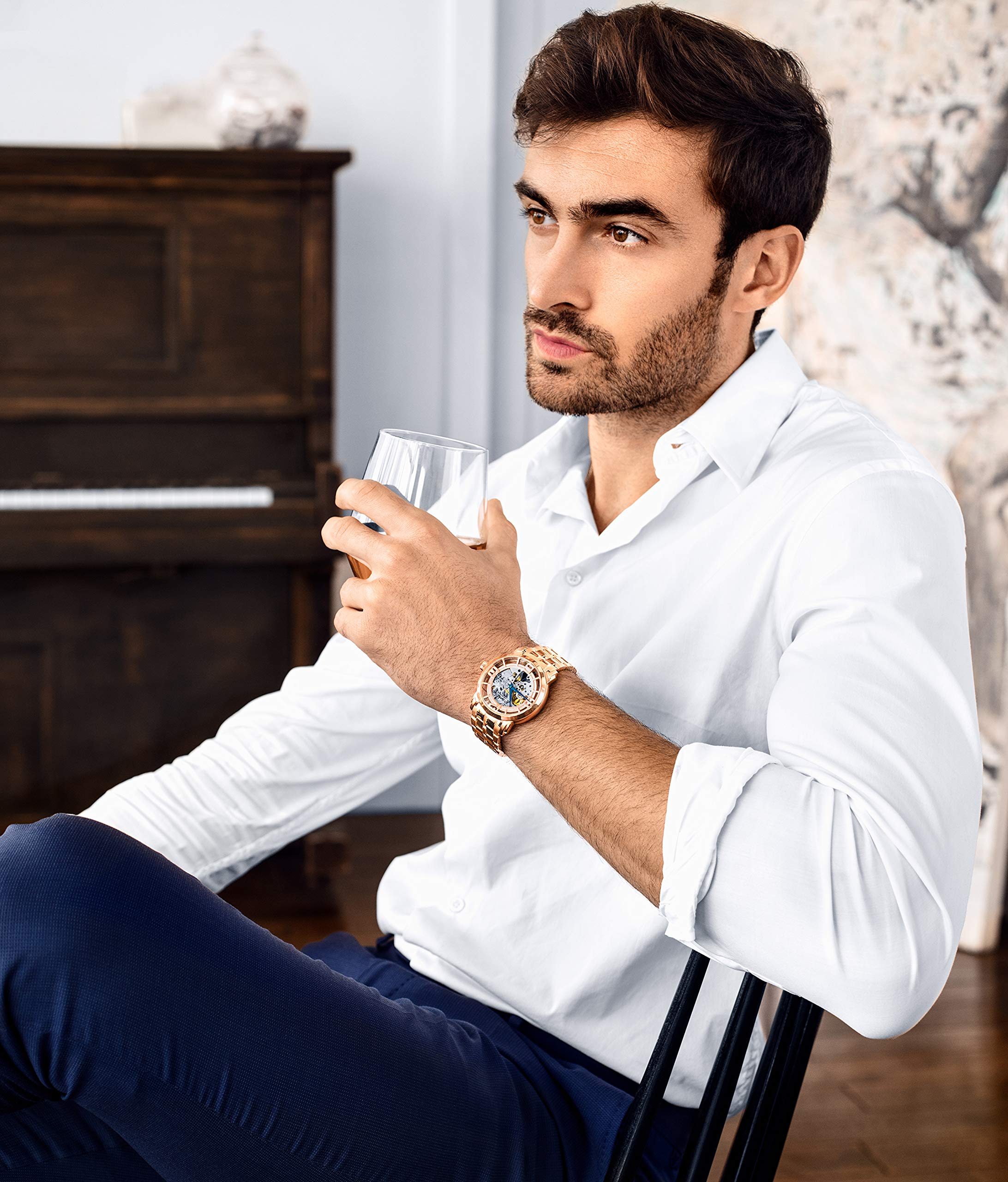 Stuhrling Original Men's Skeleton Automatic Watch - Self Winding Mechanical Dress Watch - Winchester 44 Elite in Rose Gold - Perfect for Business, Formal Events & Luxury Gifts