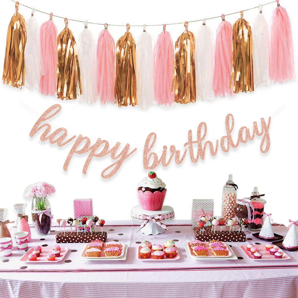 Rose Gold Happy Birthday Decorations - Glittery Birthday Banner & Tissue Tassel Garland for Party Decor | Perfect for Birthday Celebrations, Baby Showers & Anniversary Parties