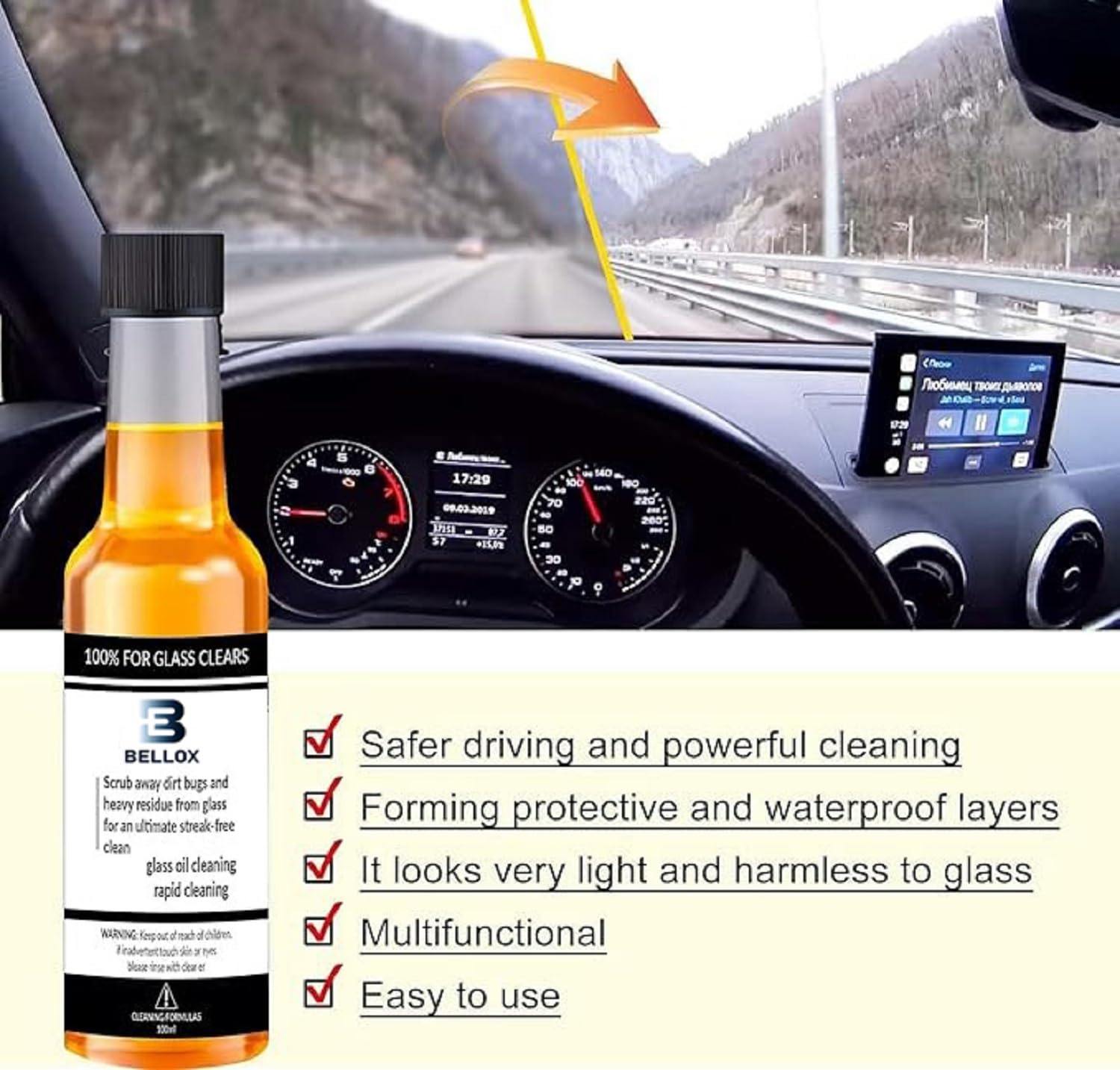 BELLOX Car Windshield Glass Cleaner with Sponge | Oil Film & Water Spot Remover for Auto & Home Windows | Streak-Free Cleaning Solution, 100ml (Pack of 2) | Perfect for Cars, Trucks, Mirrors & Glass Tables