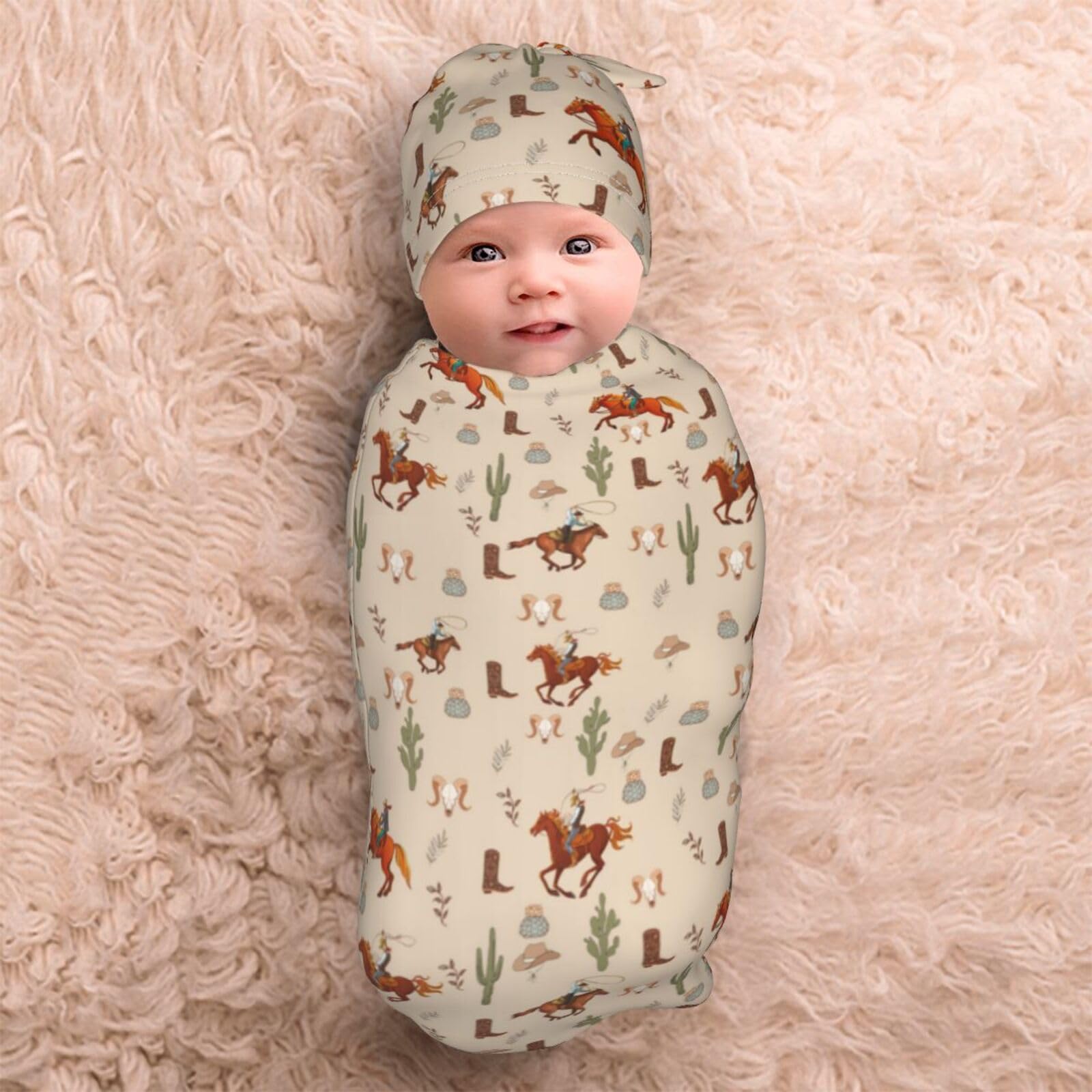 Western Swaddle Blanket for Baby - Soft Cotton Swaddling Sleeping Sacks with Hat | Unisex Newborn Essentials for Nursery, Travel & Photo Shoots | Perfect Baby Shower Gift