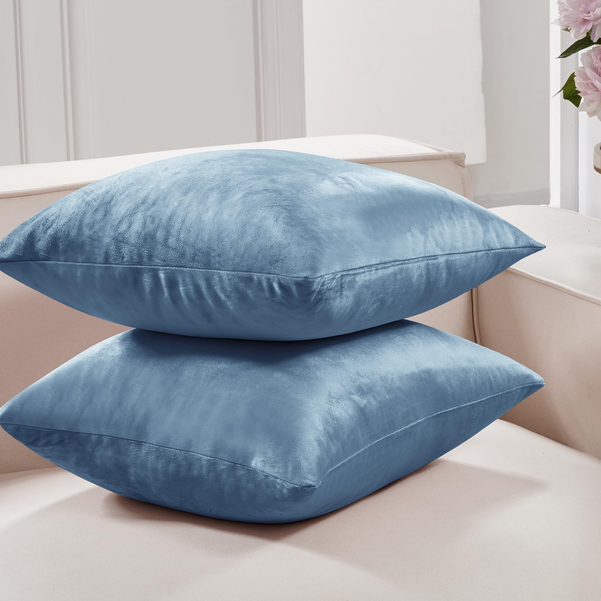 Deconovo 16x16 Inch Velvet Throw Pillow Covers Set of 2 - Super Soft Plush Decorative Cushion Covers for Sofa, Couch & Living Room - Stone Blue - Perfect for Home Decor, Accent Pillows & Cozy Comfort