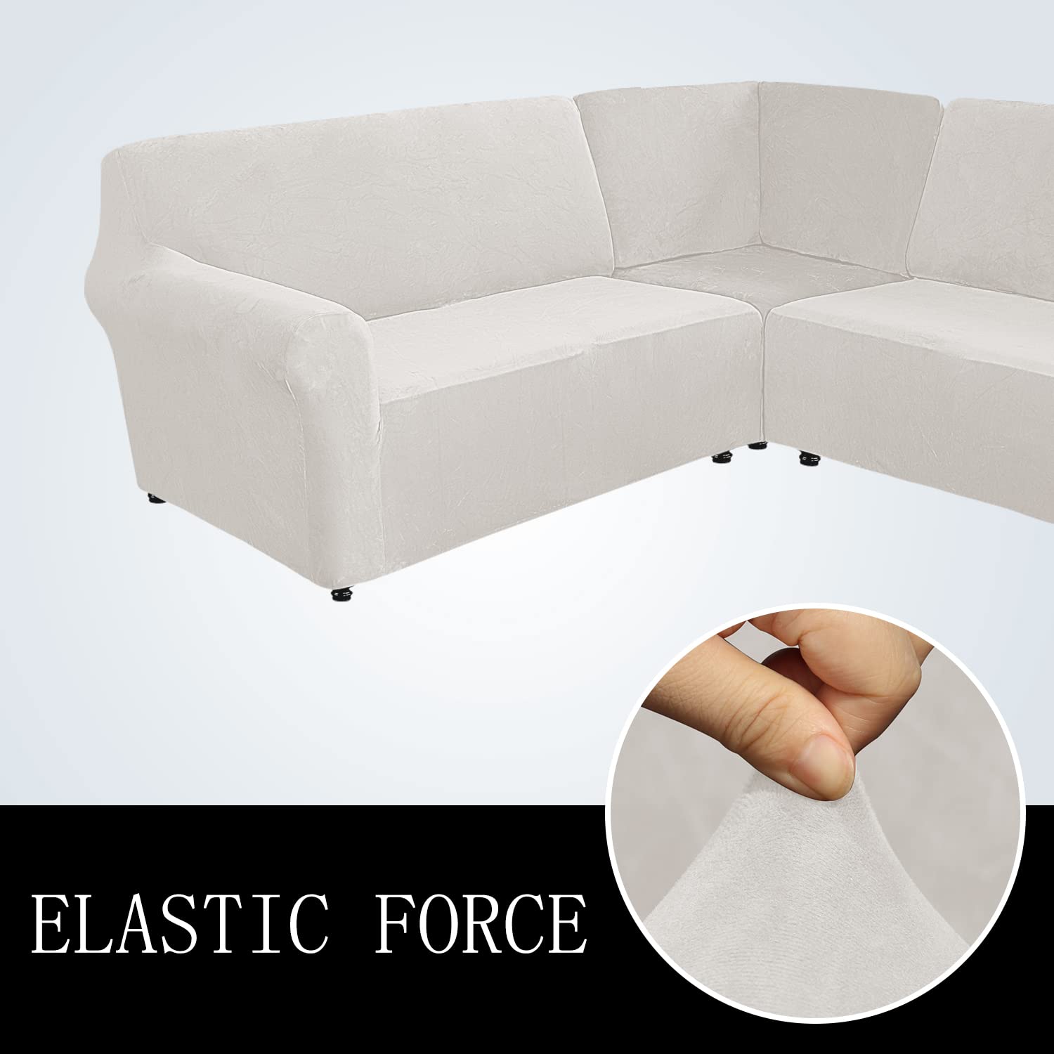 ELEOPTION 5-Piece L-Shaped Sectional Sofa Cover - Soft Velvet Stretch Slipcover for Corner Couch, Washable Furniture Protector in White - Perfect for Living Room, Family Room & Home Theater