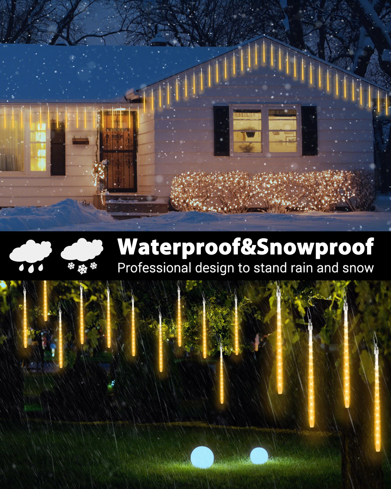 Joomer 240 LED Meteor Shower Christmas Lights - 10 Tubes 11.8 Inch Outdoor Waterproof Cascading Snowfall Lights with Timer & Connectable Design (Warm White) | Perfect for Holiday Decorations, Roof, Yard, and Christmas Tree Lighting