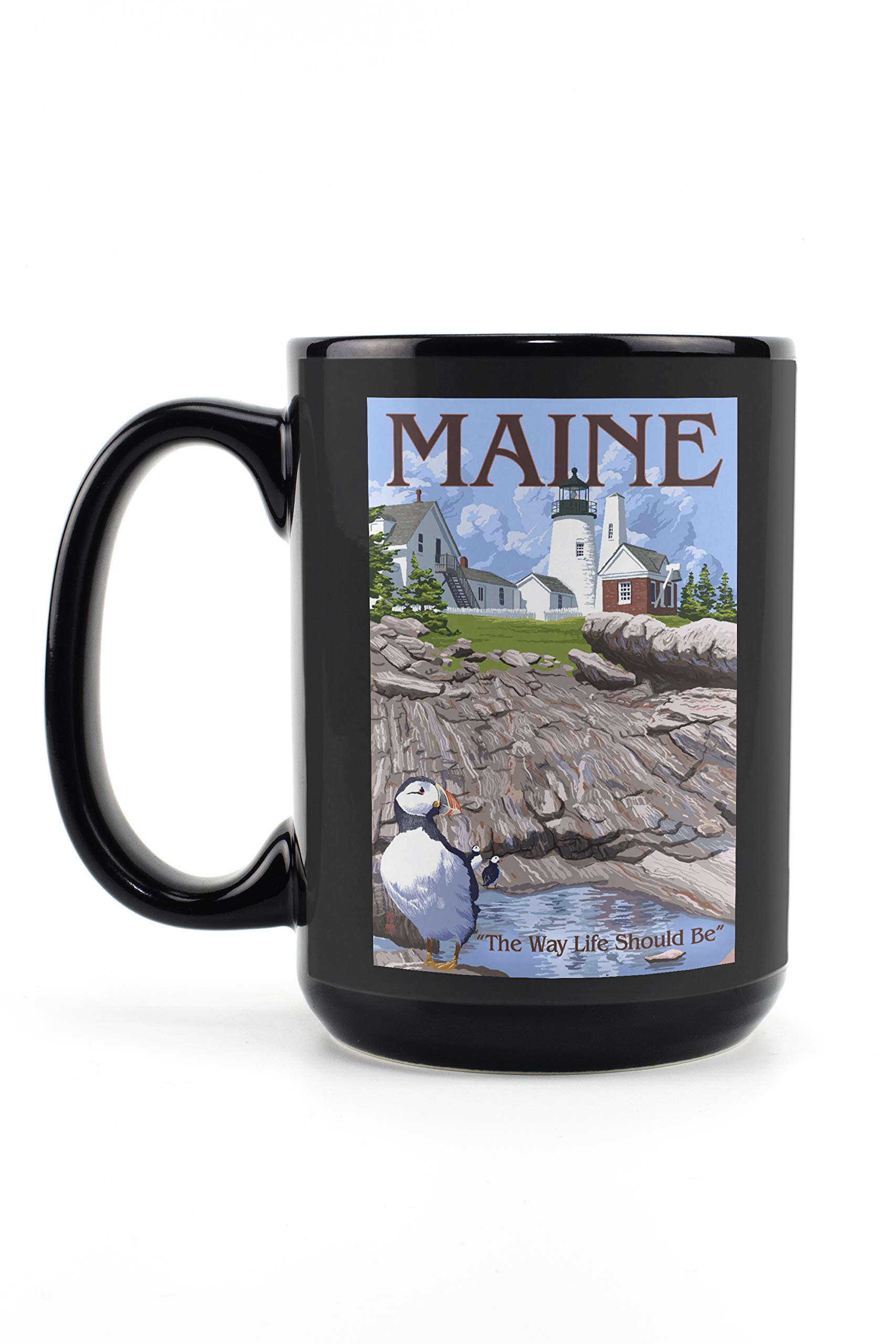 Lantern Press Maine Lighthouse and Puffin Ceramic Mug - 15oz Black Coffee & Tea Cup - Dishwasher & Microwave Safe - Perfect for Home, Office or Camping