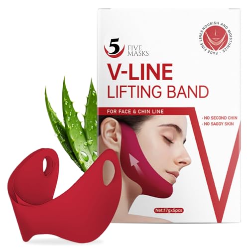 Double Chin Reducer & V-Line Shaping Face Mask - Graphene Hydrogel Collagen Mask with Hyaluronic Acid & Aloe Vera - Neck Lift Tape for Firming & Tightening (Red) - Perfect for Skin Tightening, Anti-Aging & Facial Contouring at Home or Spa