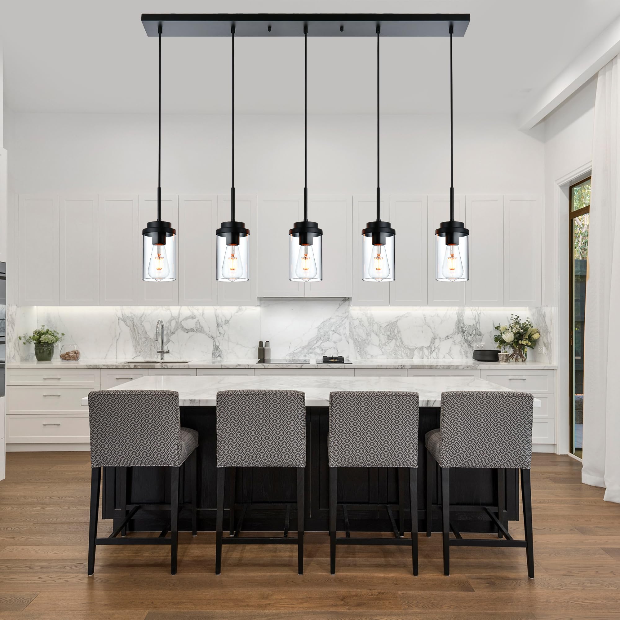 Modern Industrial Farmhouse Chandelier - Black Linear Pendant Light with Clear Glass Shade for Dining Room, Kitchen Island & Foyer | Rustic Ceiling Lighting Fixture for Home Decor & Restaurant Ambience