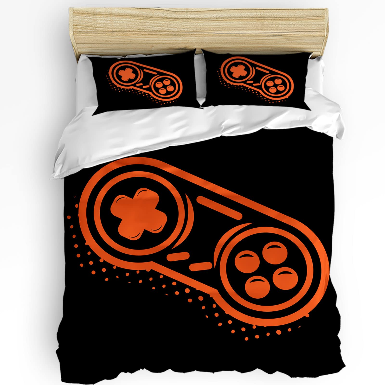3-Piece Twin Duvet Cover Set with Zipper - Soft Microfiber Game Controller Print Bedding for Boys & Girls - Orange/Black Design - Perfect for Kids' Rooms, Gaming Themed Bedrooms & Photo Backdrops