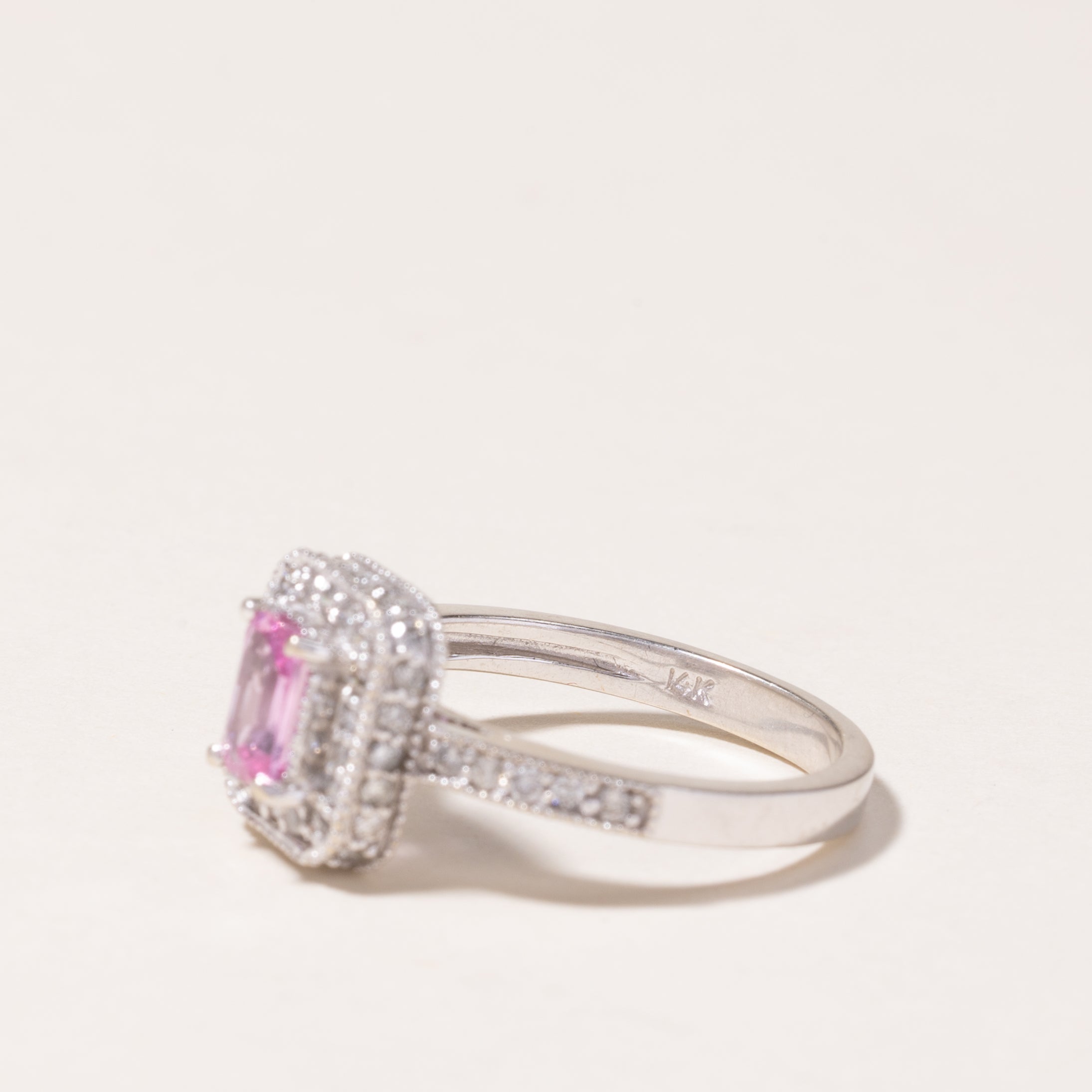 14K White Gold Halo Pink Sapphire Ring - 0.56ct Center Stone & 0.50ctw Diamond Accents | Size 6.75 | Elegant Engagement, Wedding, Anniversary Gift for Her
