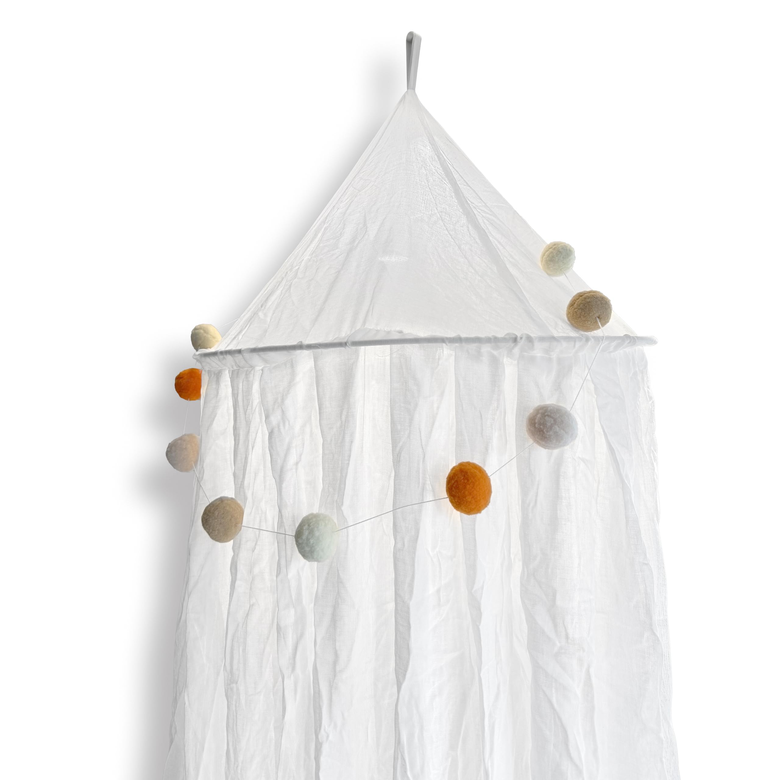 100% Cotton Kids Bed Canopy - Princess Mosquito Net for Girls Bedroom, Nursery Crib & Toddler Play Tent | Pom Pom String Curtain for Reading Nook & Playroom Decor | Breathable Dome Canopy for Baby Bed, Daydream Space & Sleep Sanctuary