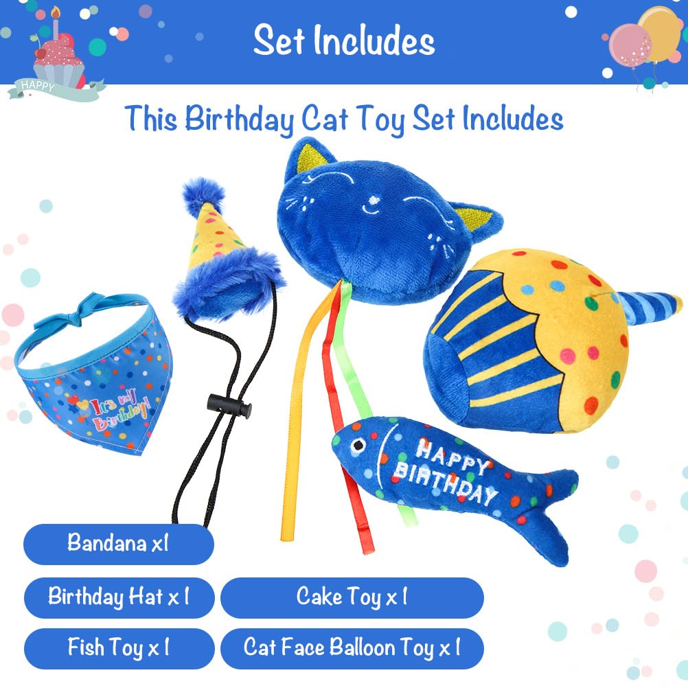 BINGPET Cat Birthday Party Set - Catnip Toys, Birthday Hat, Bandana & Cake Plush for Indoor Cats - Interactive Chew Toys with Crinkle Paper & Catnip (Blue) - Perfect for Birthday Celebrations & Playtime