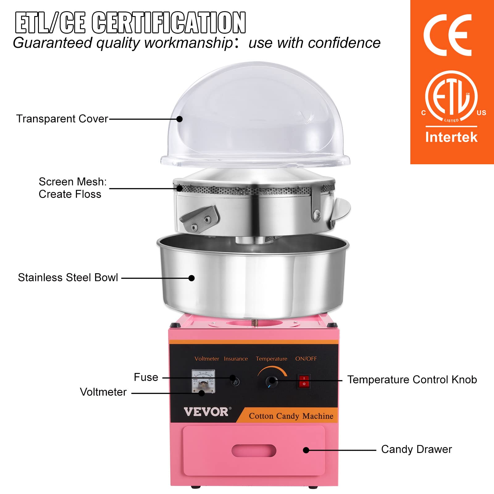 VEVOR Commercial Cotton Candy Machine with Cover - Electric Floss Maker with Stainless Steel Bowl, Sugar Scoop & Storage Drawer - Perfect for Home, Parties, Carnivals & Events (Pink)
