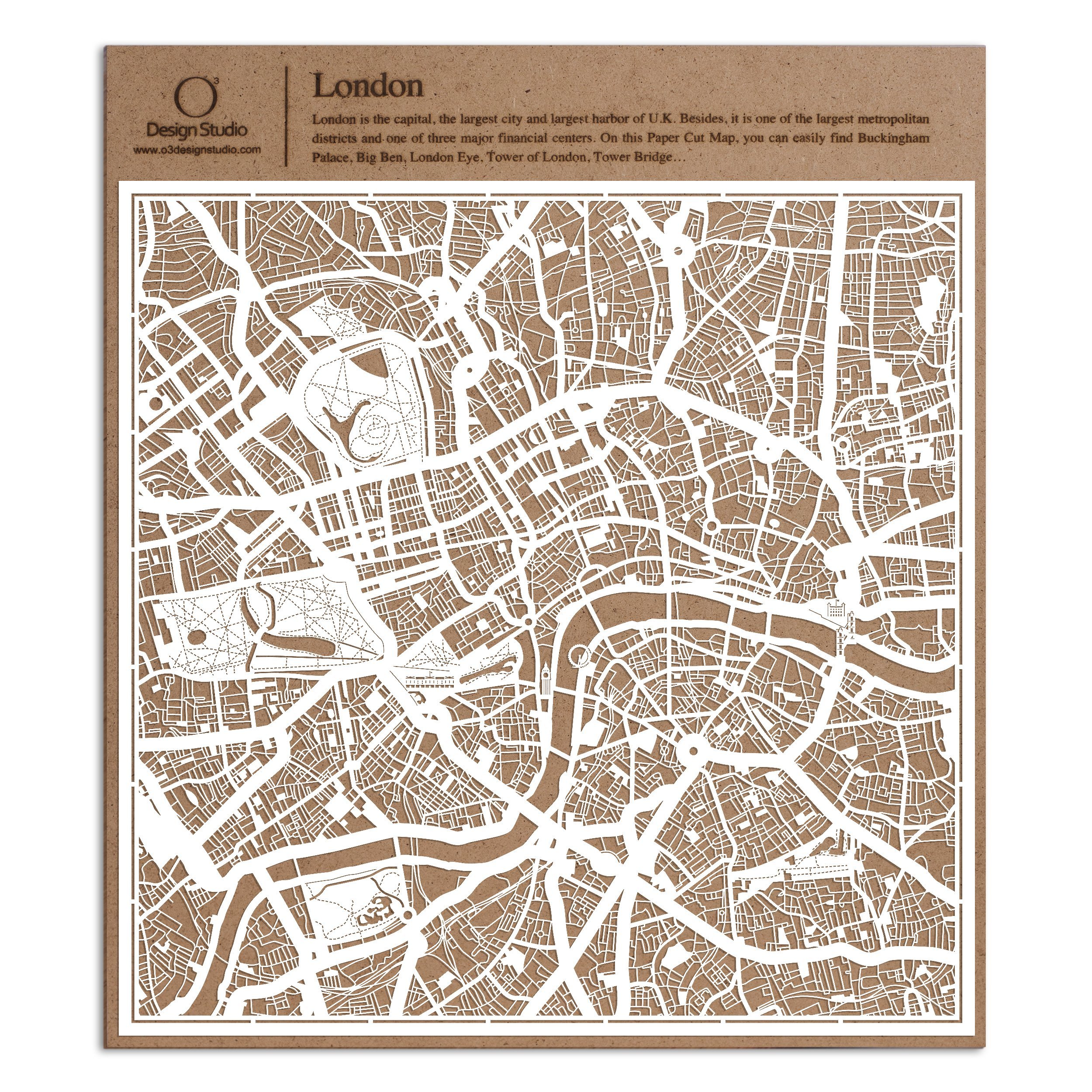 O3 Design Studio London Paper Cut Map - 12x12 Inches White Paper Art Wall Decor for Home, Office & Gifts | Unique 3D Cityscape Artwork
