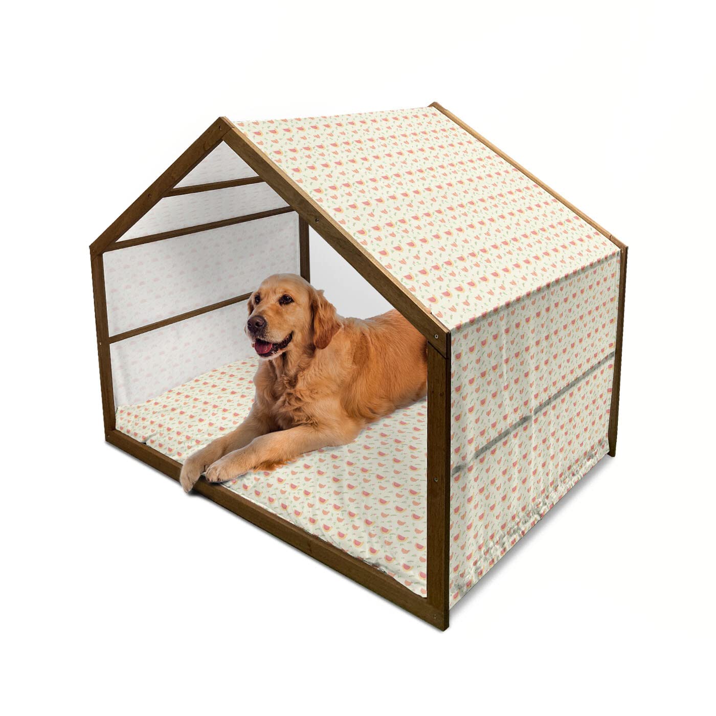 Ambesonne Wooden Dog House with Rooster Easter Hens & Flowers Design - Indoor & Outdoor Portable Pet Kennel with Pillow & Cover - 2X-Large Ivory Pink - Perfect for Backyard, Patio, or Home Decor