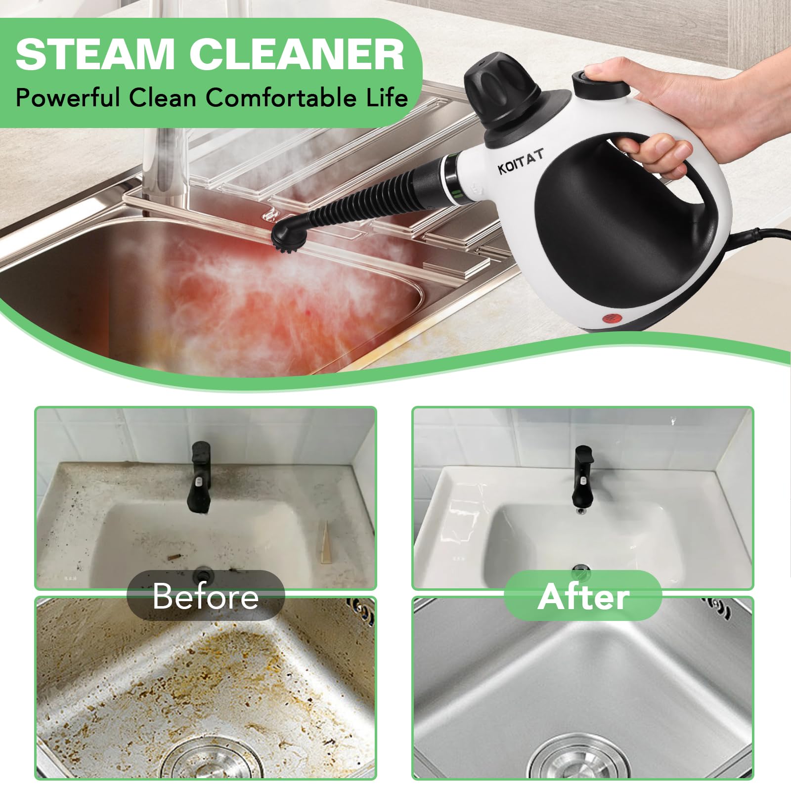 Handheld Pressurized Steam Cleaner with 10-Piece Accessory Kit - Multi-Purpose Portable Steamer for Home, Upholstery, Car & Floor Cleaning | Safe Lock Feature | Natural Steam Cleaning Solution | Perfect for Deep Cleaning Carpets, Sanitizing Baby Items & Refreshing Clothes