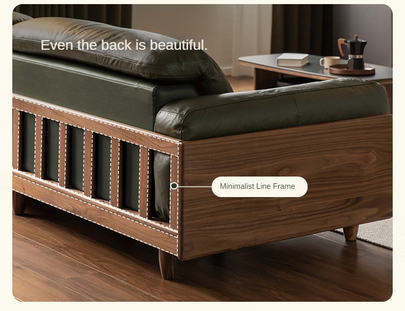 Premium Black Walnut Solid Wood Leather Sofa - Italian Modern Luxury Living Room Furniture for Home & Office Decor